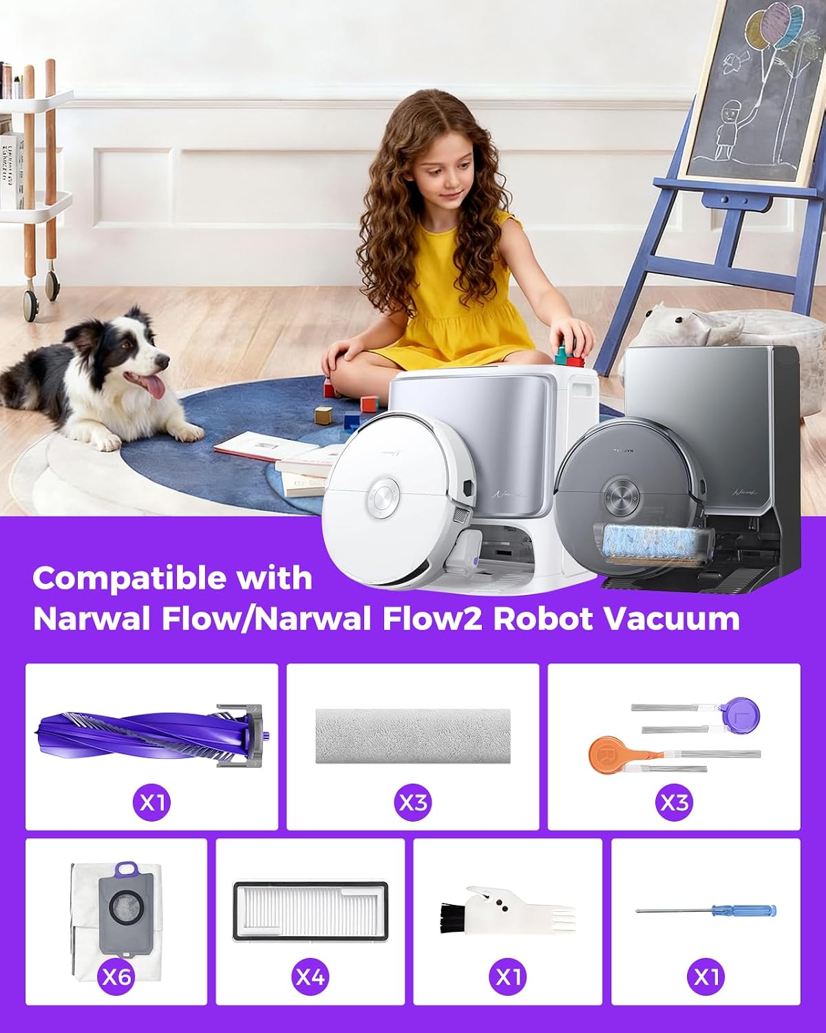 Yivy 22pcs Accessory Kit for NARWAL FLOW Robot Vacuum Cleaner, Replacement Set Compatible with Narwal Flow: 3 Track Mop Pads,1 Main Brush, 8 Side Brushes, 4 HEPA Filters, 6 Dust Bags,1 Cleaning Brush image 2
