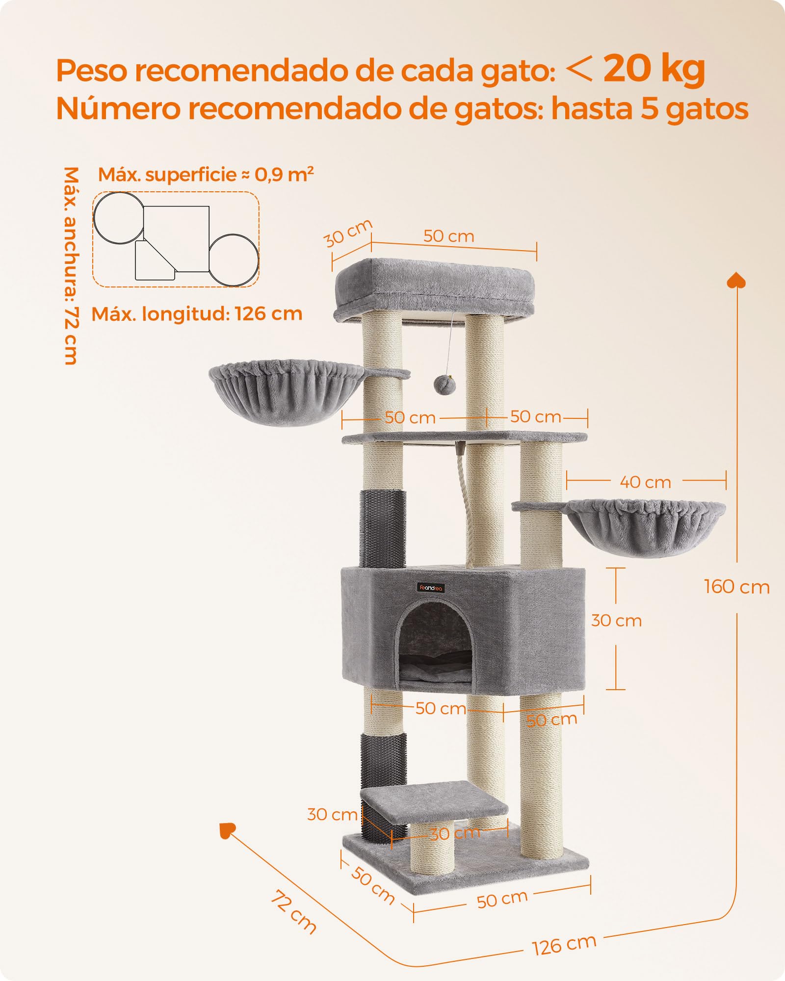 Feandrea Árbol para Gatos Grande y Estable, Torre para Gatos Grandes, con Almohadillas Autocalentables, Solapas, Cueva, Cuerda de Sisal, 50 x 50 x 160 cm, Gris Paloma y Blanco Crema PCT003N01