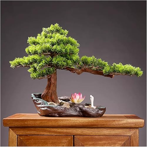 Árbol de bonsái artificial para interiores, árbol de bonsái artificial con decoración de escultura de loto rosa, plantas de casa artificiales en