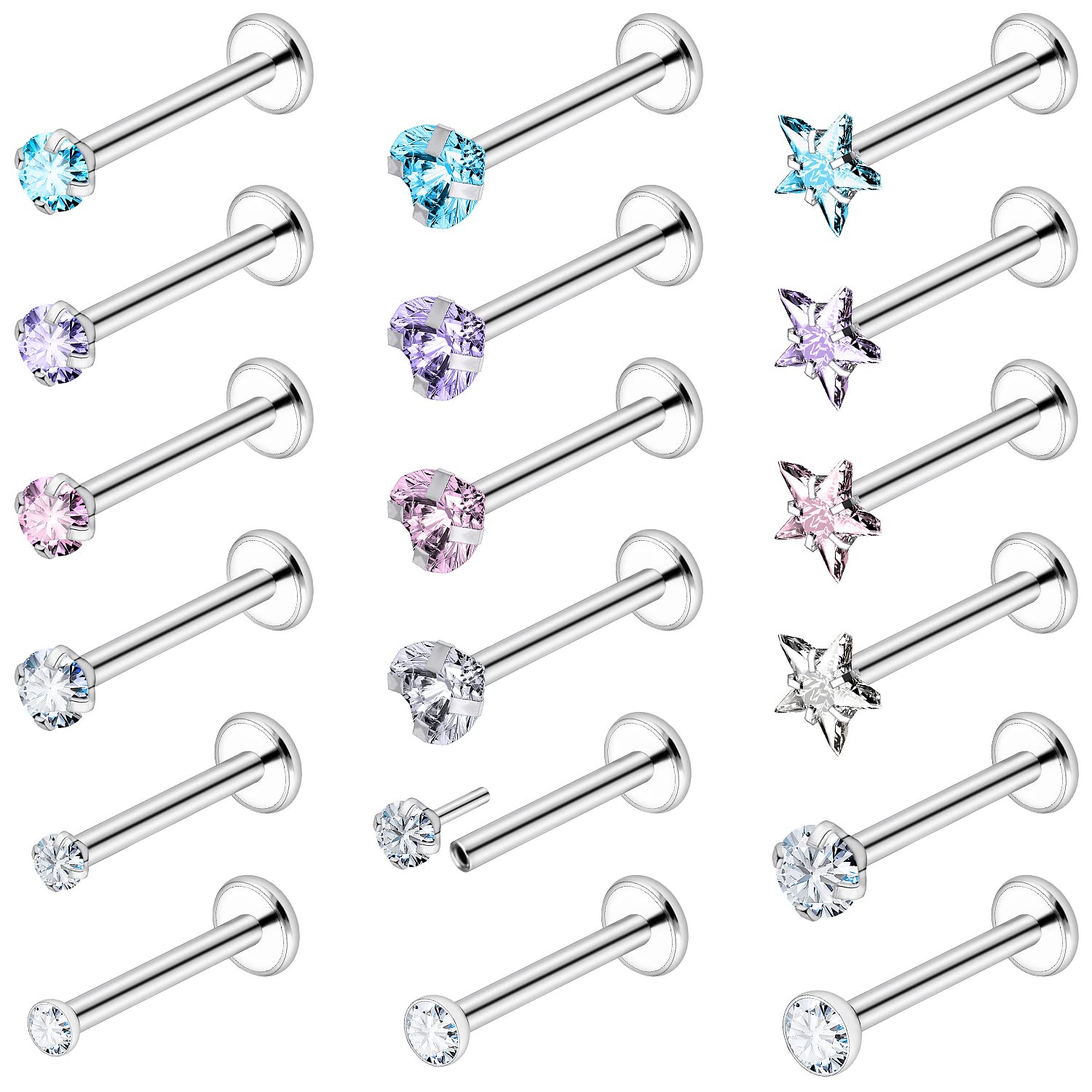 Ftovosyo20G 18G 16G Threadless Push in Nose Rings Studs Surgical Steel Pushin Nose Stud 2mm 2.5mm 3mm Round/Heart/Star Crystal Nose Piercing Jewelry for Women Men