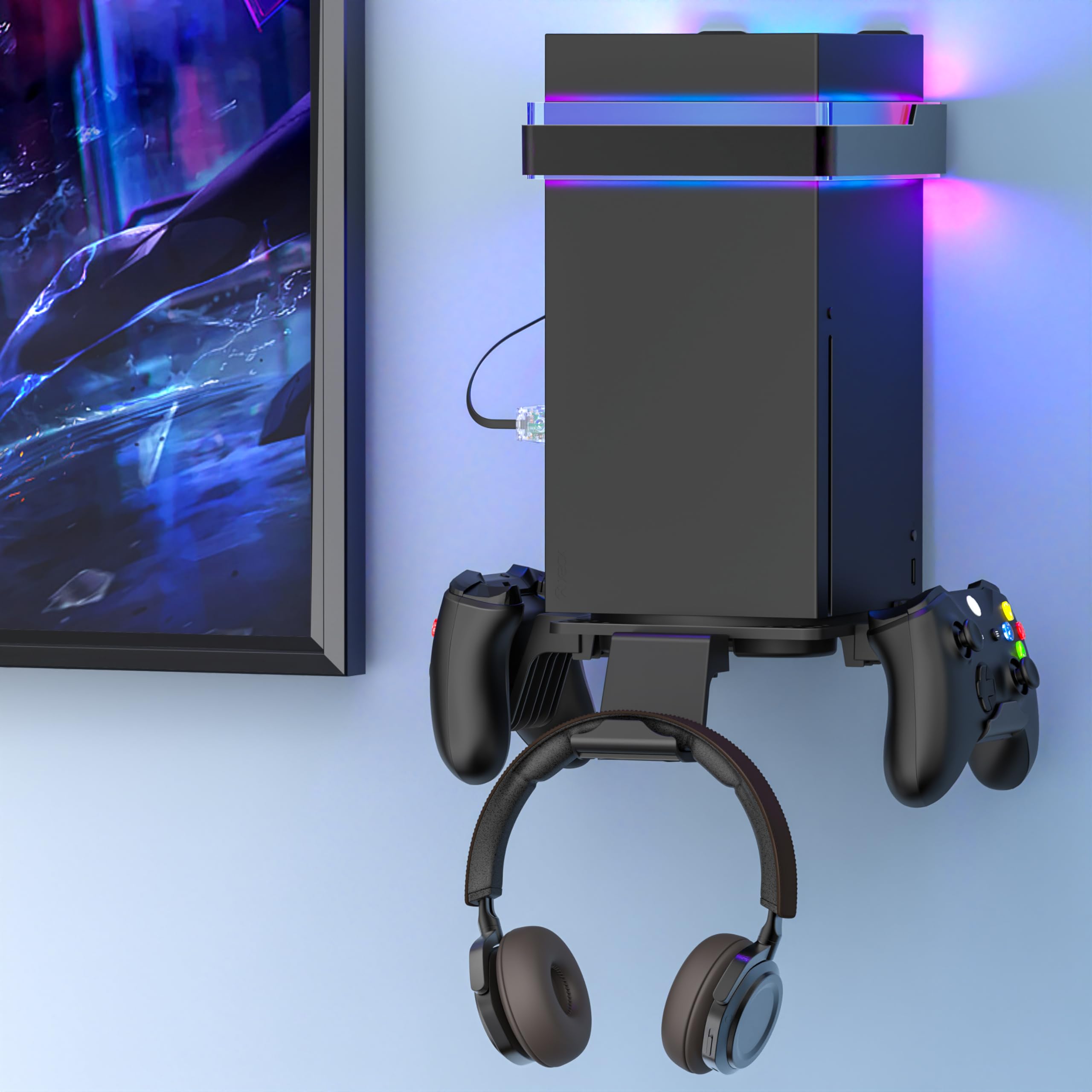 Wall Mount for Xbox Series X S-Wall Mount Kit with 2 Controller Holder 1 Headset Stand RGB Light