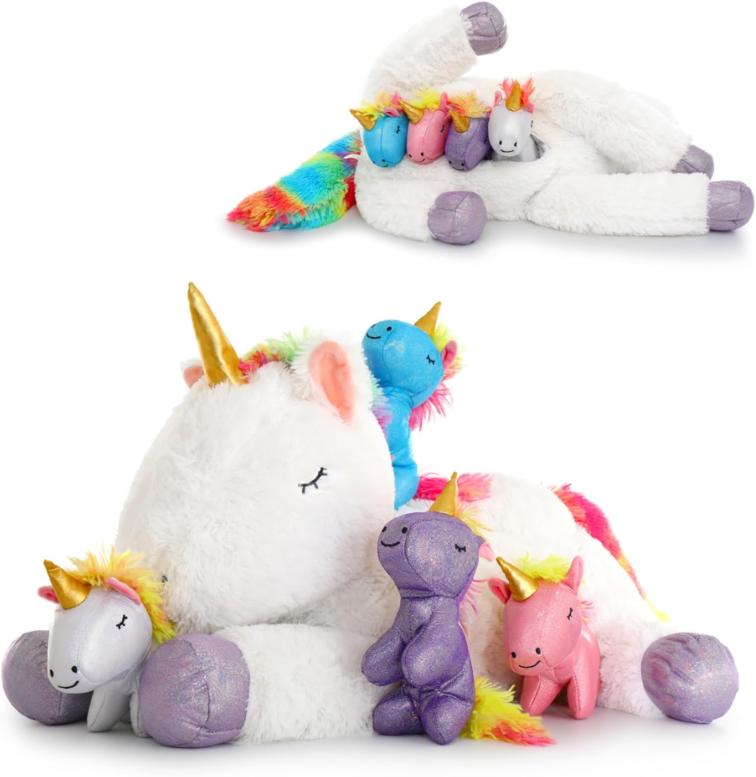 DOLDOA 22'' Unicorn Stuffed Animal for Girls, Mommy Stuffed Unicorn with 4 Baby Unicorns, Cute Plush Unicorn Plush Toy for Kids