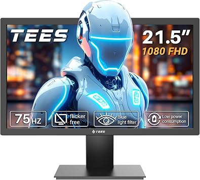 Tees 21.5 inch FHD Monitor, 75Hz 5ms NTSC 72% Desktop Display, Business ComputerMonitor HDMI VGA Free Flicker Blue Light Filter, Screen for PC Home Office Black