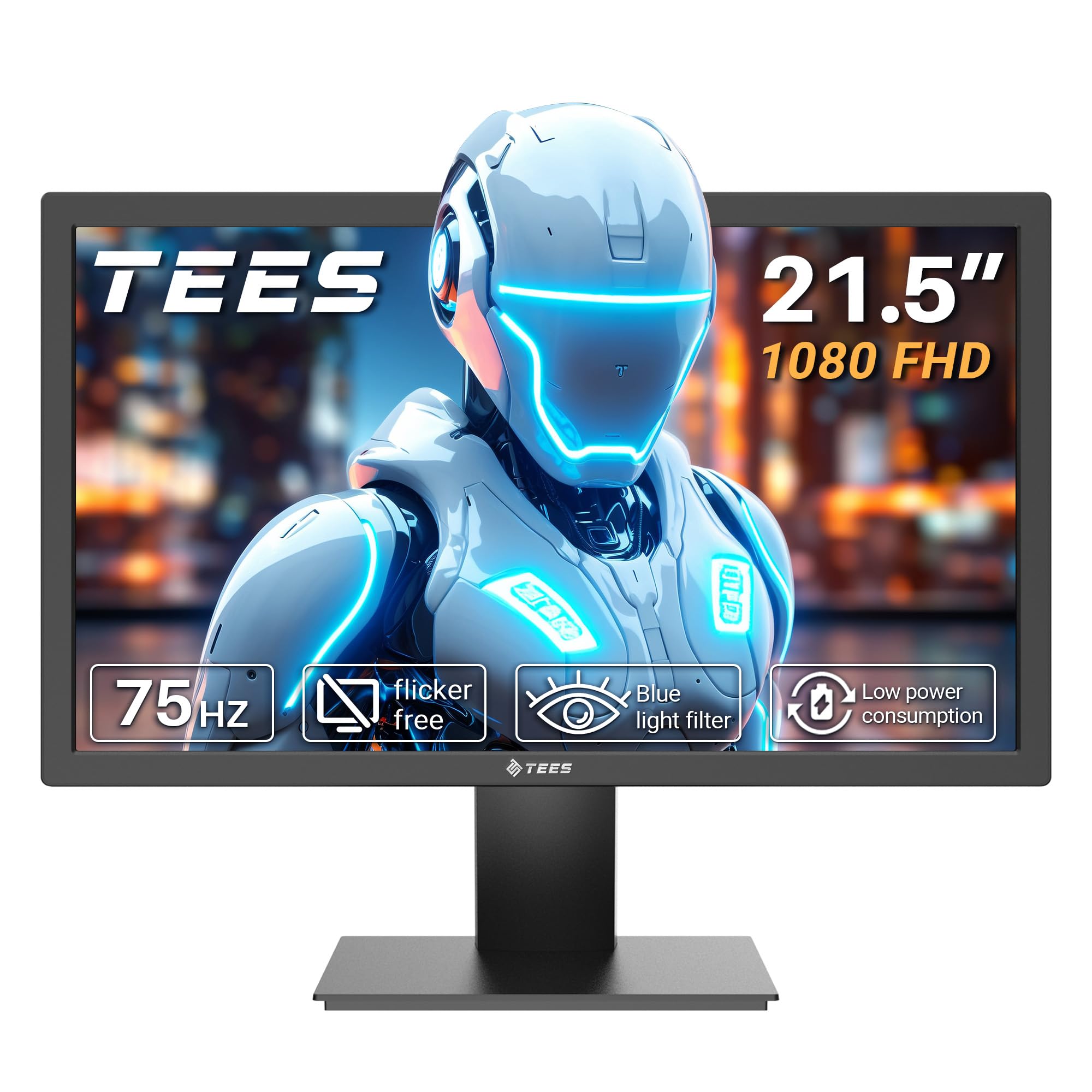 Tees 21.5 inch FHD Monitor, 75Hz 5ms NTSC 72% Desktop Display, Business ComputerMonitor HDMI VGA Free Flicker Blue Light Filter, Screen for PC Home Office Black