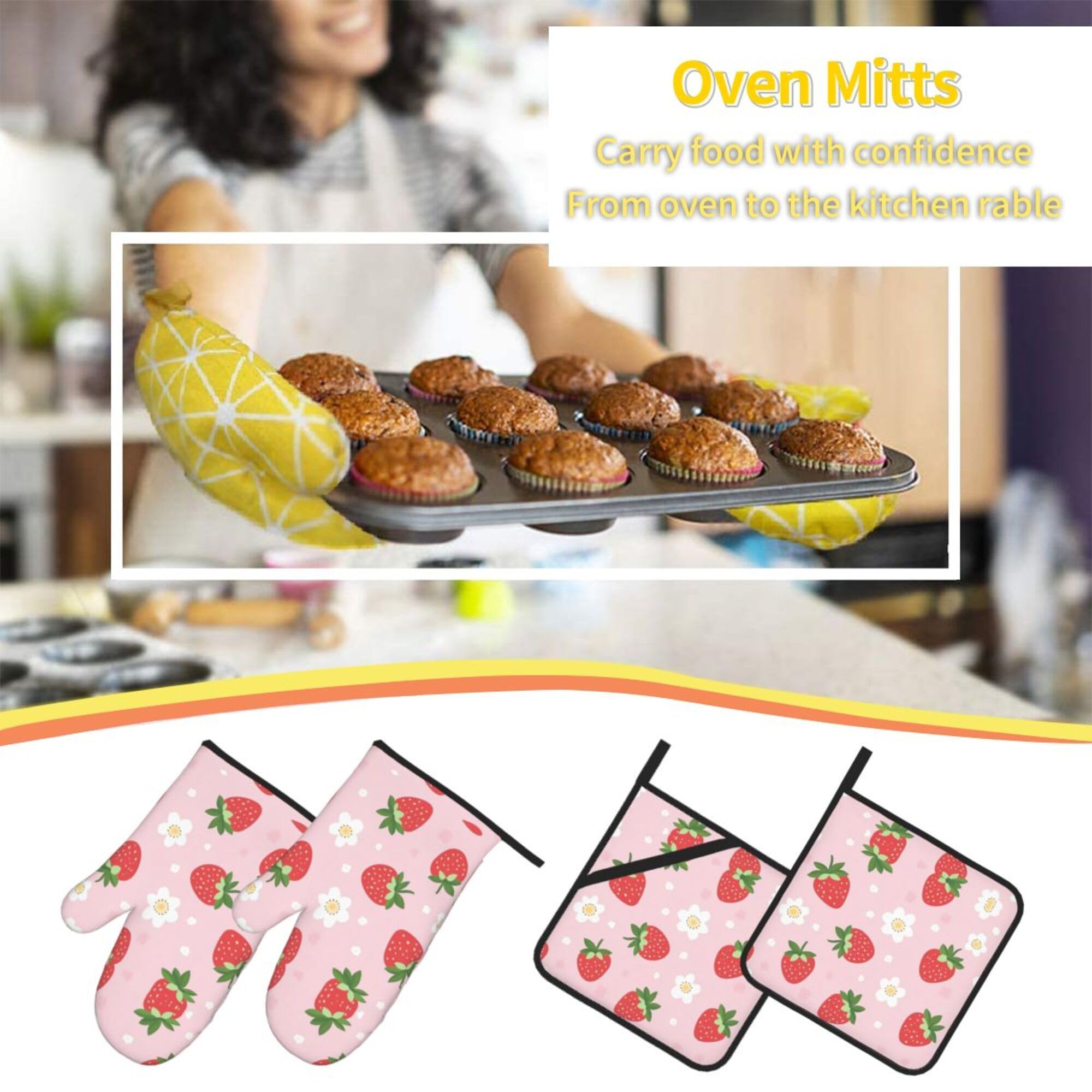 Juego de 4 manoplas de horno y soportes para ollas de fresa, resistentes al calor, guantes de cocina antideslizantes para cocina, hornear, asar a la parrilla