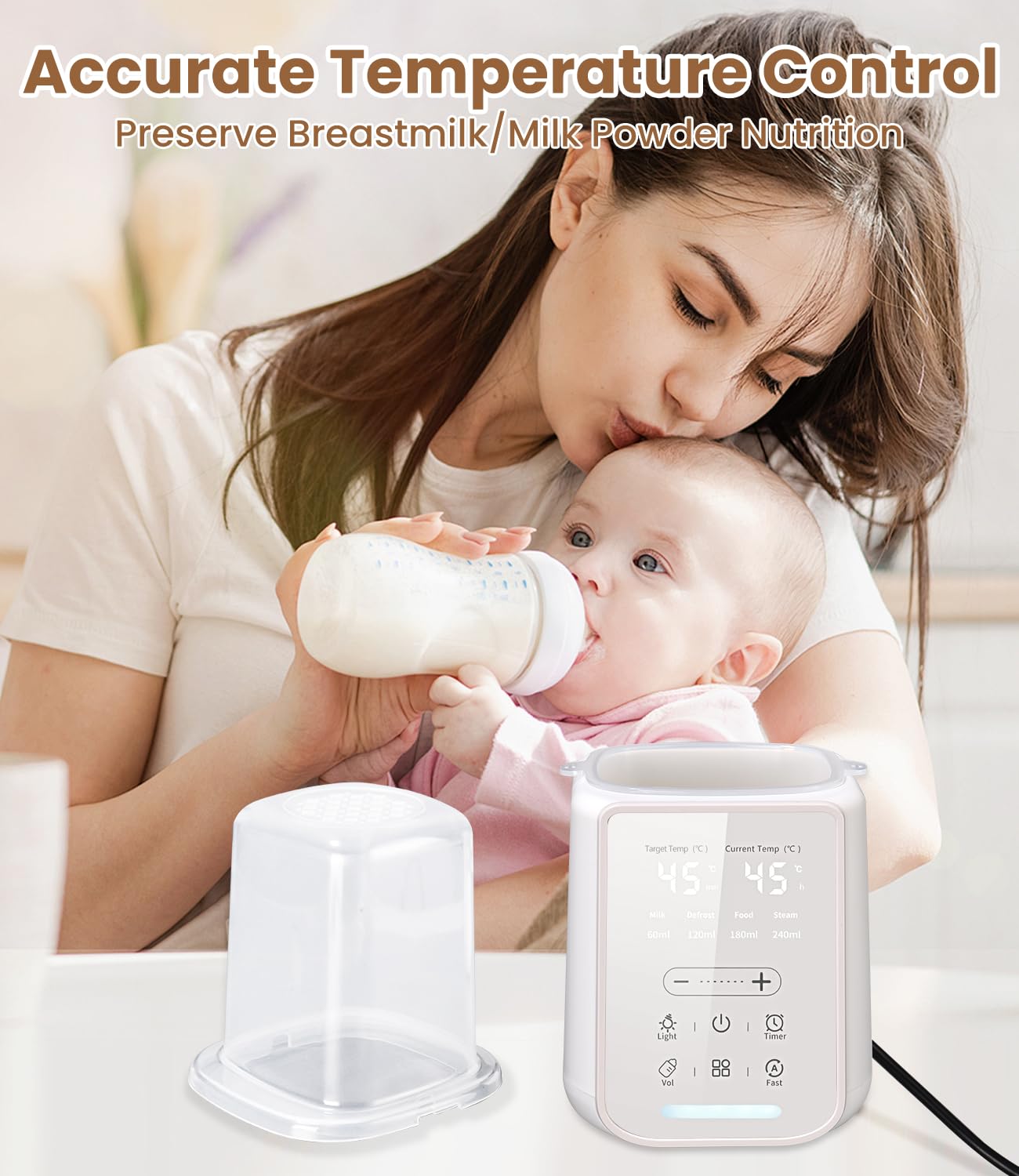 Scaldabiberon Portatile 8-in-1, Sterilizzatore e Scaldapappa, Display LCD, Timer, Luce Notturna, Controllo Temperatura, per Casa e Auto