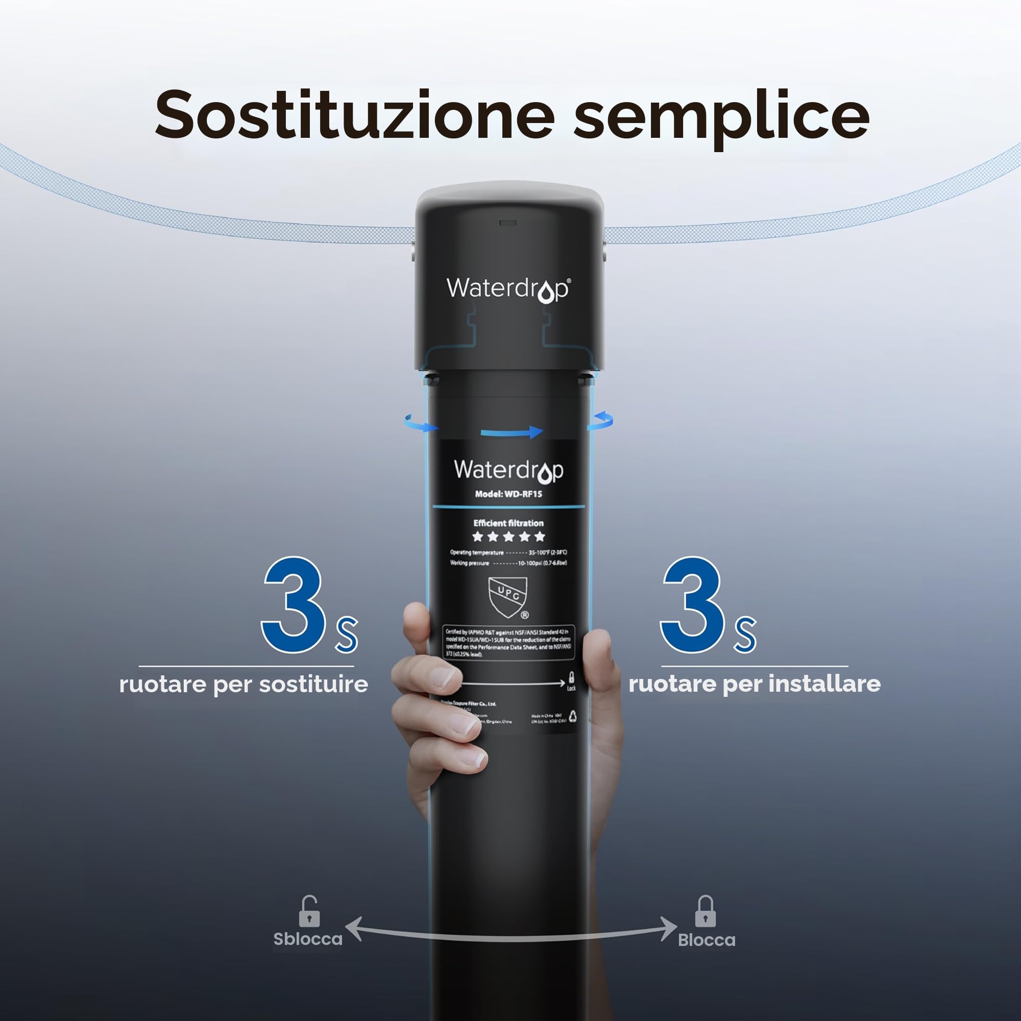 Waterdrop Cartuccia filtrante di ricambio RF15 per filtro acqua 15UA/15UB sotto il lavandino, riduce PFOA/PFOS, PFAS, piombo, cloro, cattivi sapori e odori, certificato NSF/ANSI 42, 70.000 litri