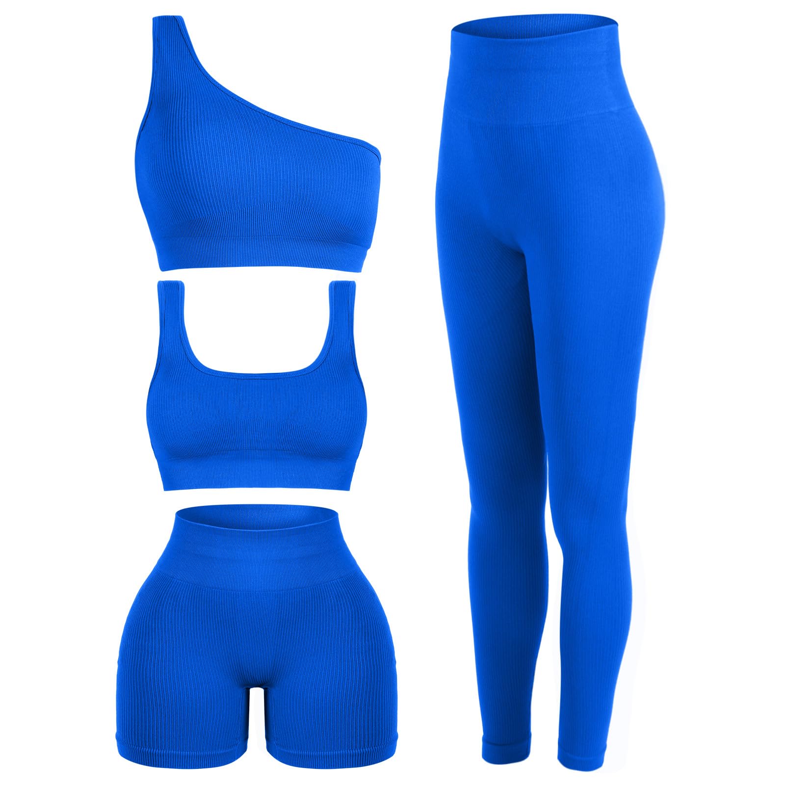 Floraltop4 Pcs Women's Workout Sets Pilates Exercise Outfit Ribbed Scoop Neck Sports Bra Shorts Leggings Gym Clothes Set