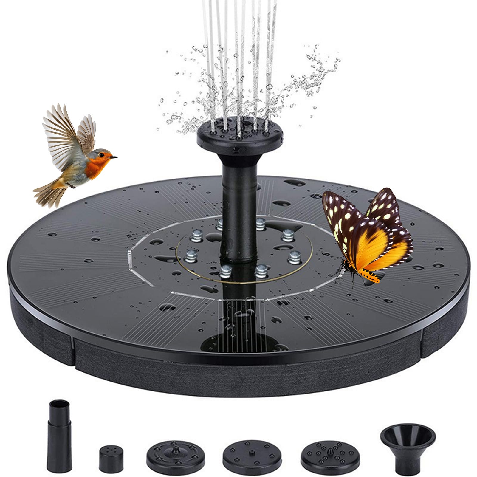 Solar Fountain 1.4W Bird Bath Fountains Upgraded Glass Panel, Solar Powered Water Fountain with 6 Nozzle, Solar Fountain Pump for Bird Bath, Garden, Pond, Pool (1.4W)