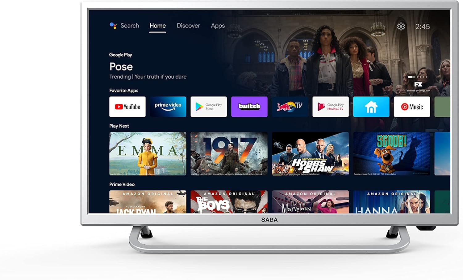 Saba SA24S56A11, Tv Led 24, Hd Ready, Slim, Smart Android 11 con App preinstallate, Chromecast e Airplay, Full Internet, Wifi ed Ethernet, DVB/T2/S2/C,MPEG-4 e HEVC Main 10 Saba SA24S56A11, Tv Led 24, Hd Ready, Slim, Smart Android 11 con App preinstallate, Chromecast e Airplay, Full Internet, Wifi ed Ethernet, DVB/T2/S2/C,MPEG-4 e HEVC Main 10