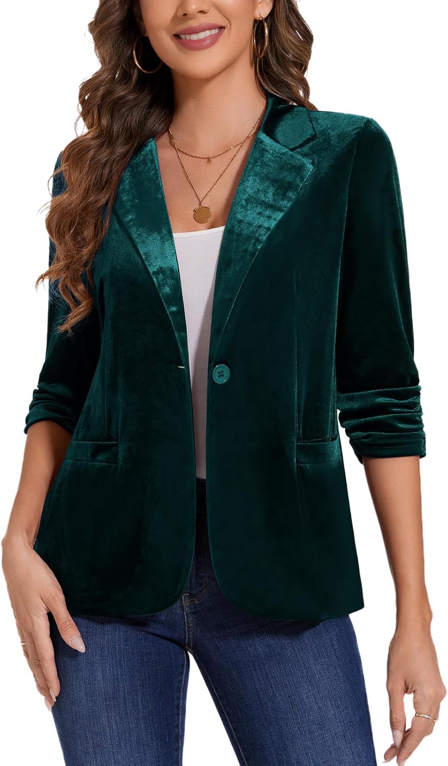 MINTLIMIT Women's Velvet Blazer Ruched 3/4 Sleeve Jacket Notch Lapel Button Open Front Casual Blazers with Pockets - Image 4