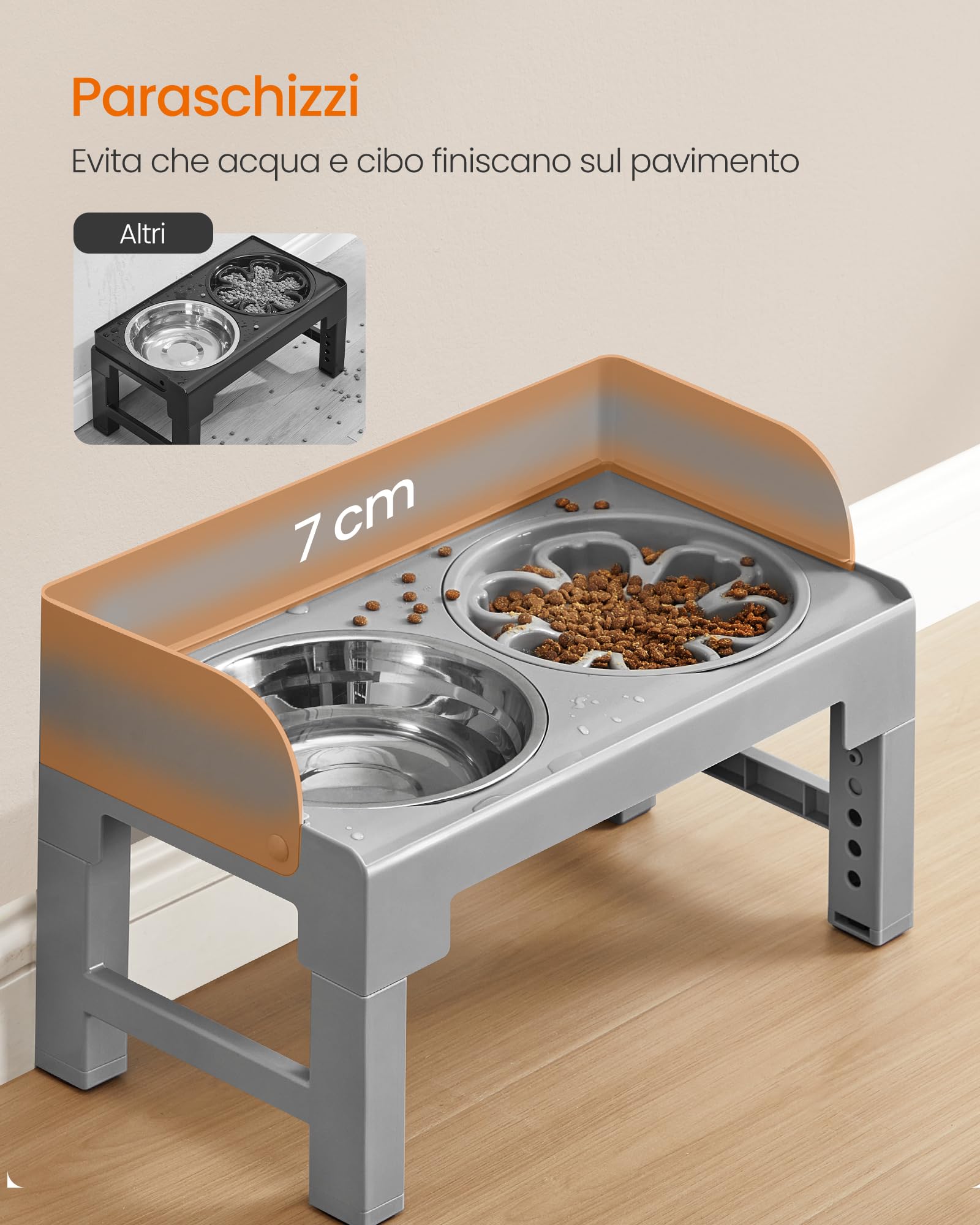Feandrea Ciotole Rialzate per Cani, Supporto Regolabile con 1 Ciotola Slow Feeder e 2 Ciotole in Acciaio Inox 304, Altezza e Inclinazione Regolabili, Grigio Tortora PRB103GD01
