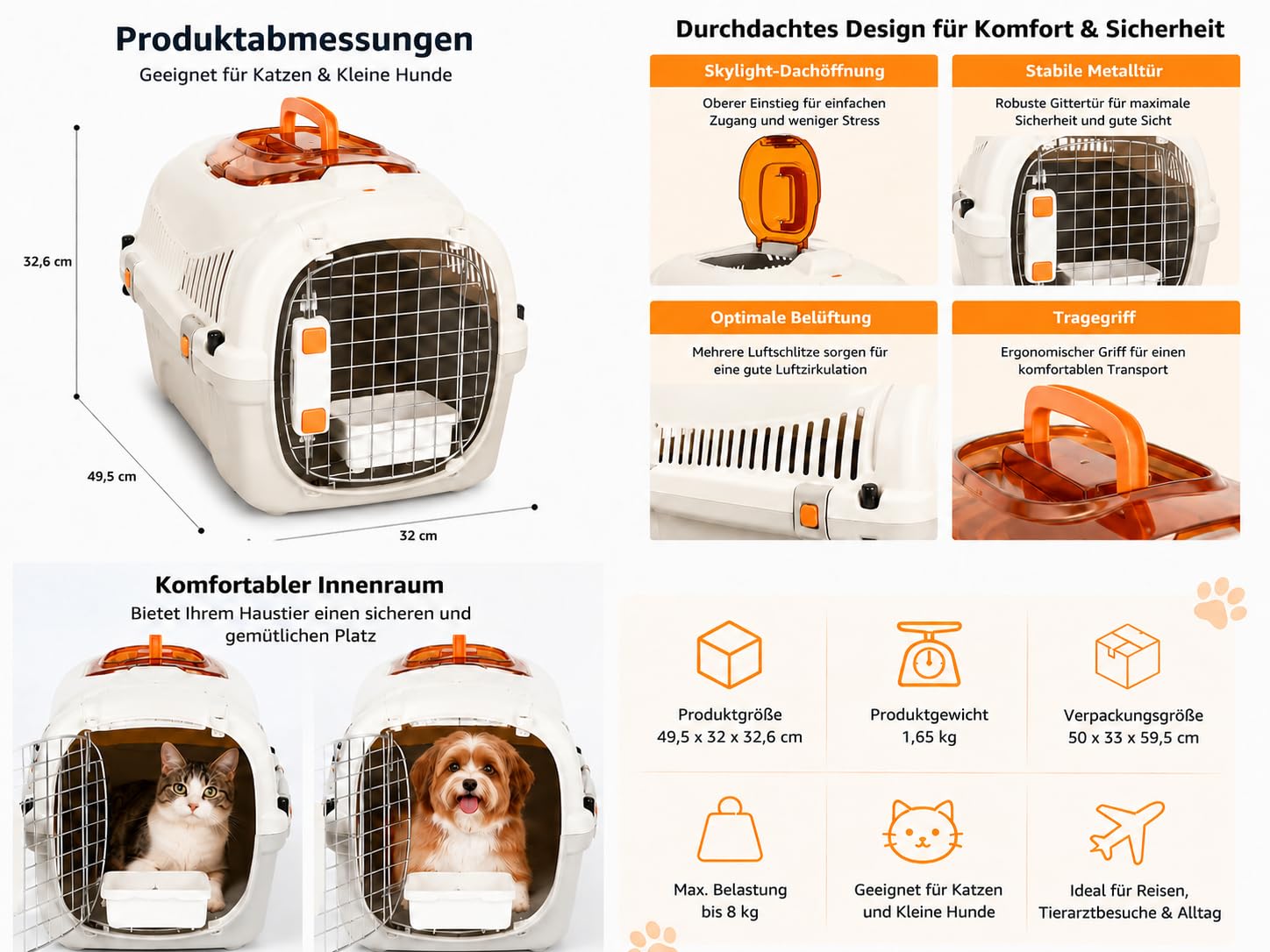SNOEKIE Katzen Transportbox mit 2 Öffnungen, 49,5 x 32 x 32,6 cm, Haustierbox für Katzen & kleine Hunde, mit Dachöffnung, Fronttür, Metallgittertür & Tragegriff, Cremeweiß/Grau