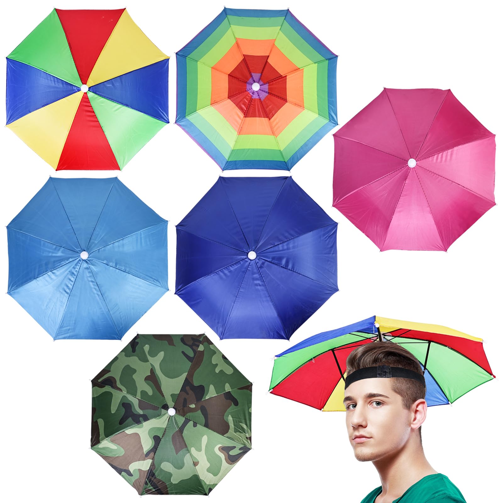 6 Pièces Chapeau Parapluie Pliant, Mains Libres Parapluie de Pêche avec Bandes Élastiques pour Le Golf Le Cyclisme L’Exterieur
