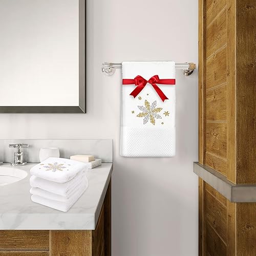 Miniatura 6 de AnyDesign - Paquete de 2 toallas de mano navideñas bordadas de algodón gris dorado con copos de nieve de Navidad con cinta roja, toalla decorativa