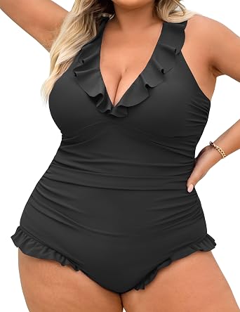 One Piece Swimsuit Women Plus Size Deep V Ruffle Neck Bathing Suit Cross Straps Tummy Control Modest Swimwear XL