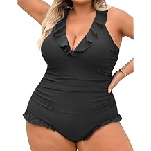One Piece Swimsuit Women Plus Size Deep V Ruffle Neck Bathing Suit Cross Straps Tummy Control Modest Swimwear XL