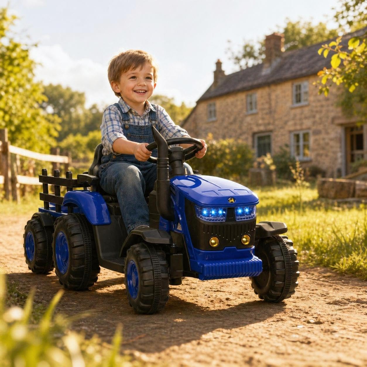 Ride on Tractor with Detachable Trailer, 12v Kid‘s Electric Vehicles with MP3 Function, 7-LED Headlight, Remote Control, Ride on Car Gifts with EVA Tires, Horn, 2x35W Motors for Kids 3+, Blue