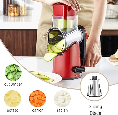 Miniatura 4 de Ralladores rotativos de queso con 4 cuchillas, rallador de queso de manivela con rebanador de gofres, triturador de queso rojo, blanco y negro con