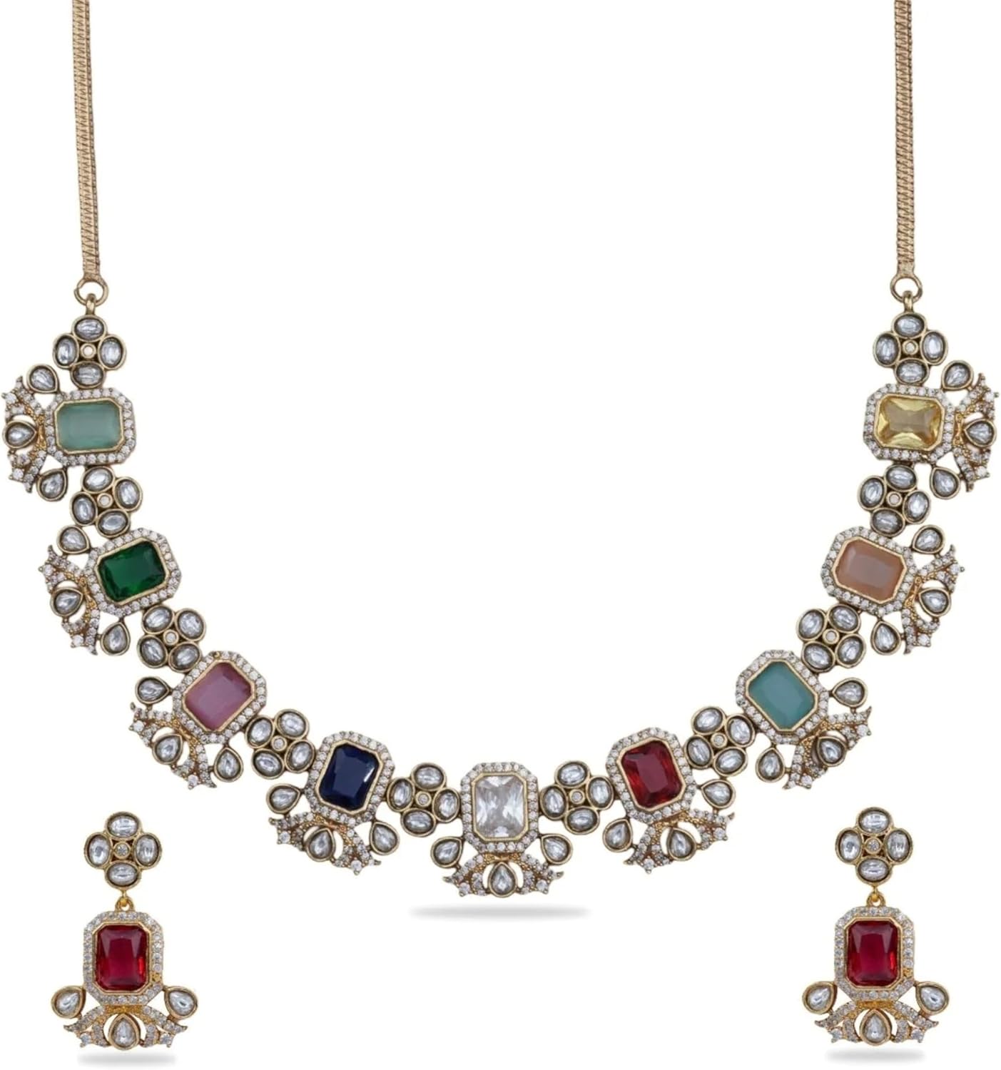 TARINIKA Vyapini Antique Navaratna Necklace Set – Indian Jewelry Sets for Women | Perfect for Ethnic Occasions | Traditional South Indian Necklace | 1 Year Warranty