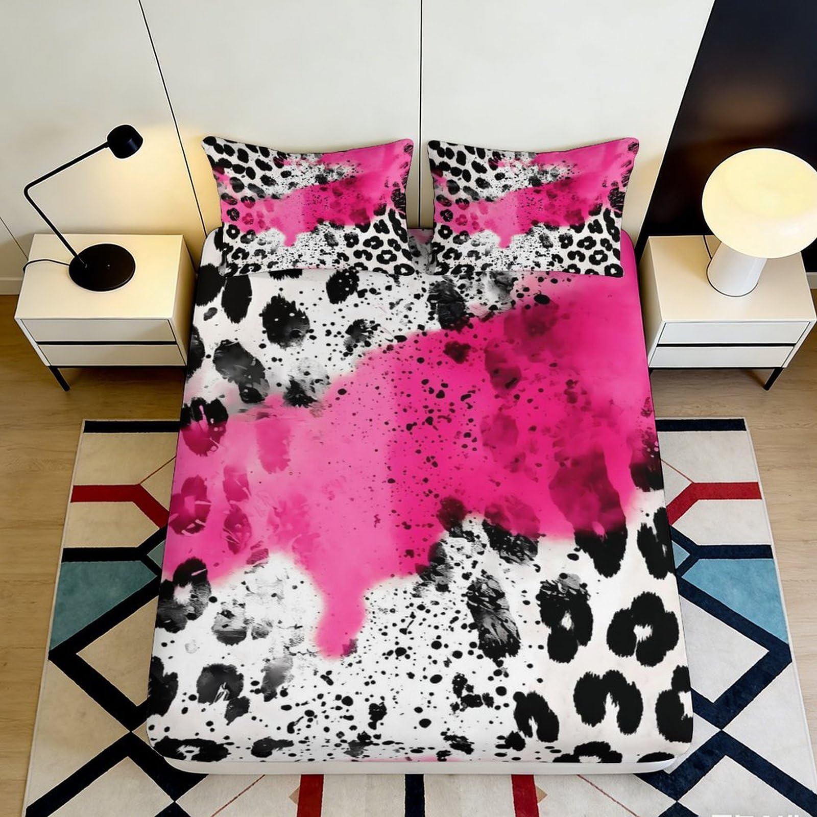 Dhbaneiok Style-9 3D Printed Pink Splash Leopard Fitted Sheet Microfiber Bedroom Decor Black Spot Mattress Cover For Home Dorm 90X200x25cm
