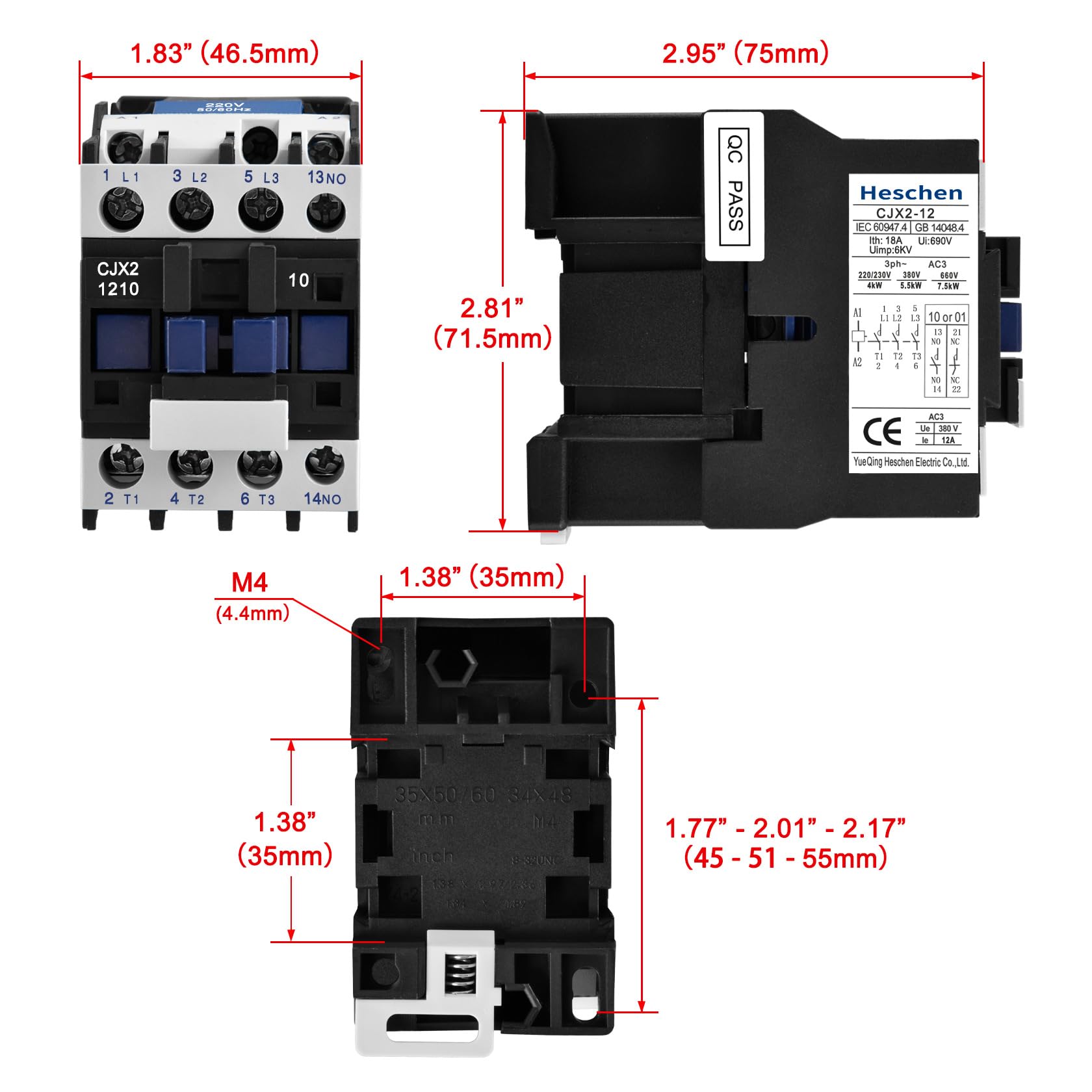 Heschen Contacteur AC, CJX2-1210, Bobine 220V 50/60Hz, 3P, 3 pôles, normalement ouvert, Ie 12A, Ue 380V