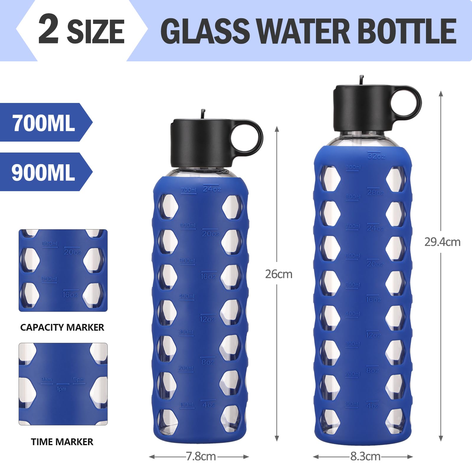 BLUEGO Borracce in vetro, 900ml Bicchiere in vetro, Bottiglie per bere con 2 coperchi, Bottiglia per l'acqua sportiva con custodia in silicone, A prova di perdite, Blu