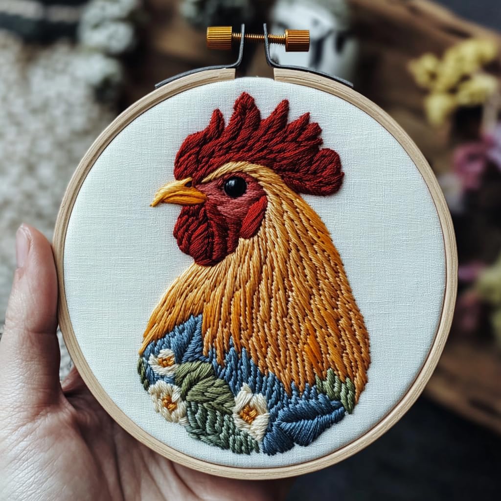 DIY Punch Needle Kits for Beginners Cute Rooster with Hoop Embroidery Punch Needle Starter Set Easy for Adults and Kids Festival Gift and Decor 20x20cm