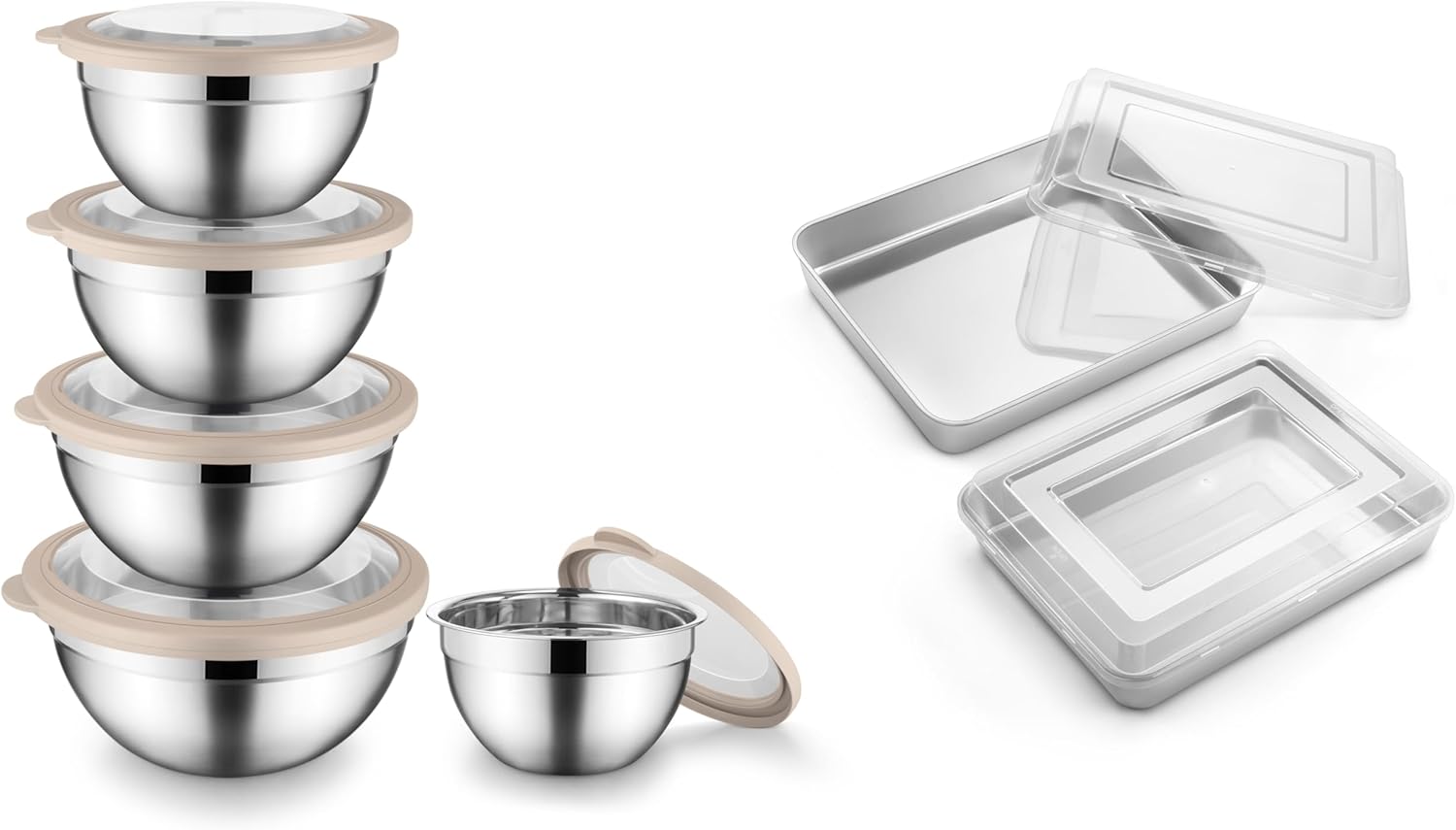 Onader 9¾ x 12½ x 2 Inch Baking Pan with Lid 2 Pack and Mixing Bowl Set of 5 for Kitchen Stainless Steel Metal Nesting Mixing Bowls with Khaki Lids