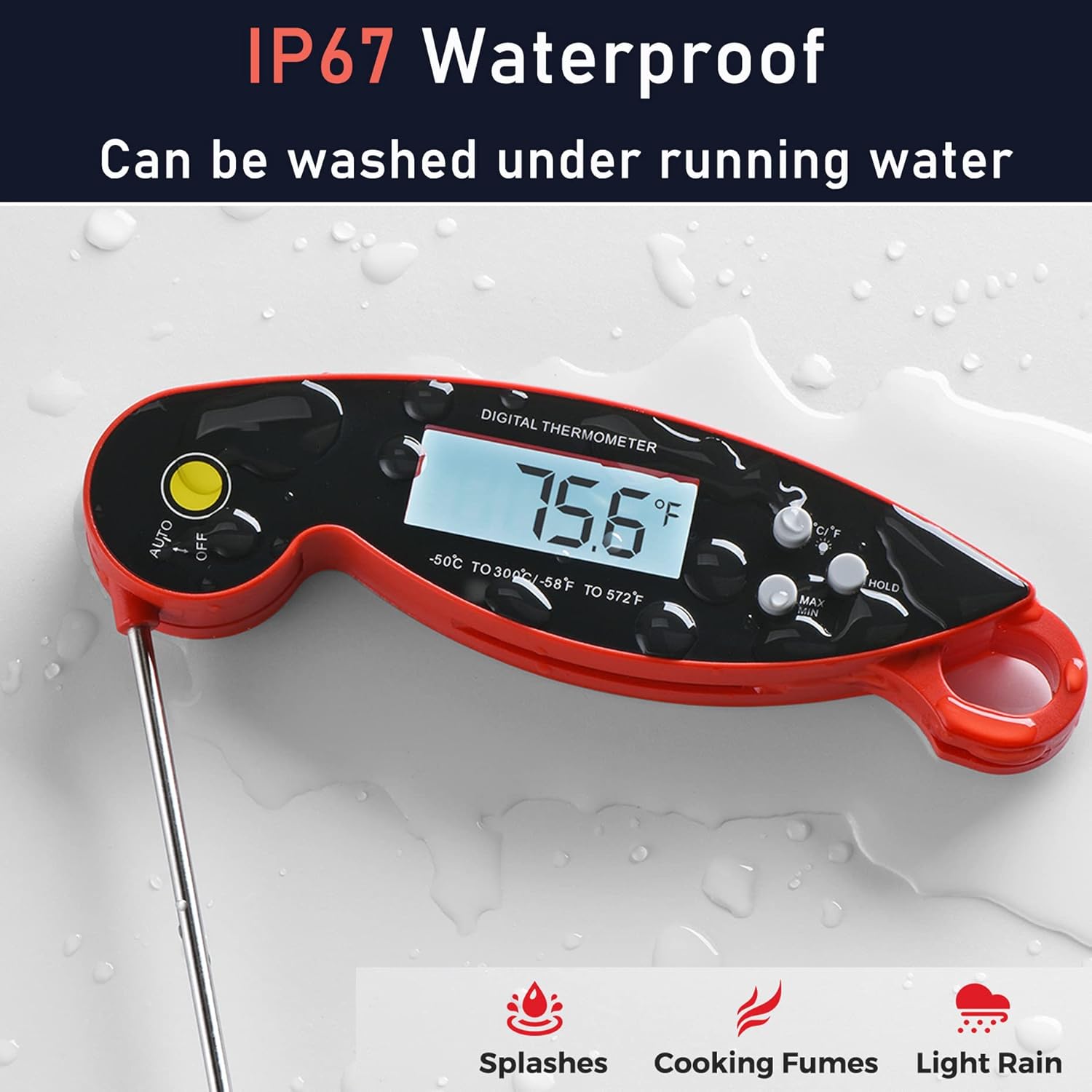 review KITLUX Digital Meat Thermometer with 4.6'' Folding Probe, 2-3S Instant Read Backlight and Magnet, IP67 Waterproof, for Deep Frying Baking Outdoor Cooking BBQ, Black & Red