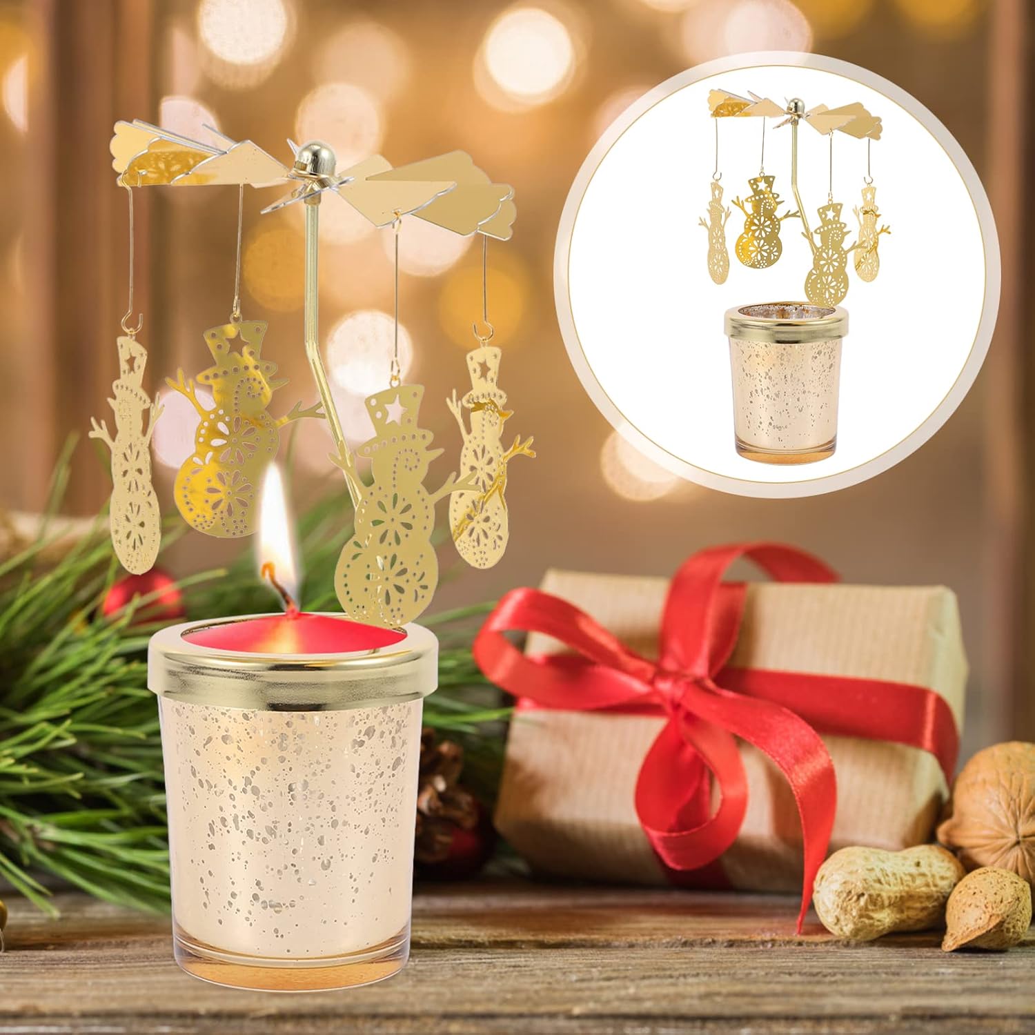 Christmas Rotating Candle Holder Spinning Tea Lights Candlestick Holder Tabletop Candlestick Decoration Romantic for Home (Snowman)
