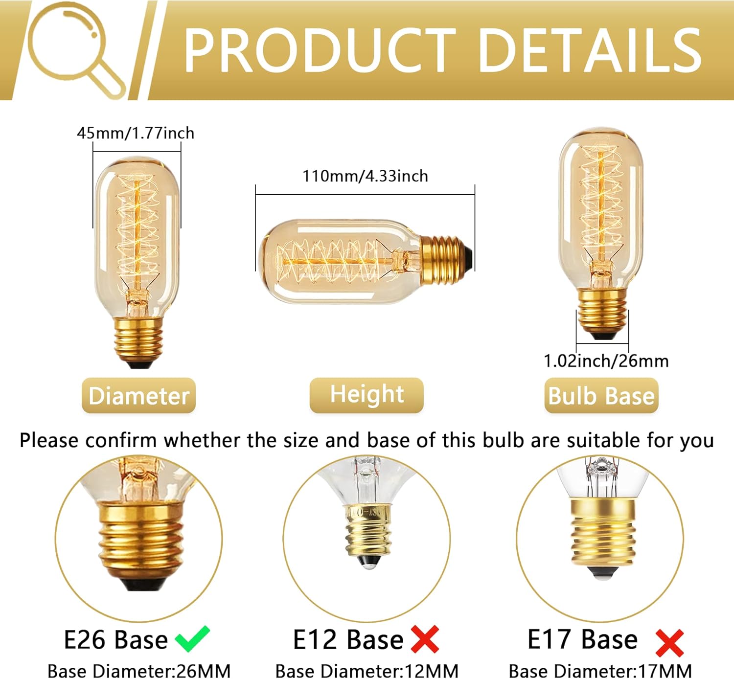 T45 Retro 40W Incandescent Edison Light Bulbs, 6 Packs, 110-130v, E26 Base Dimmable, Edison Bulb 6 Packs, 2200k Amber Warm Yellow, Antique Decoration for for Home, Bedroom, Office