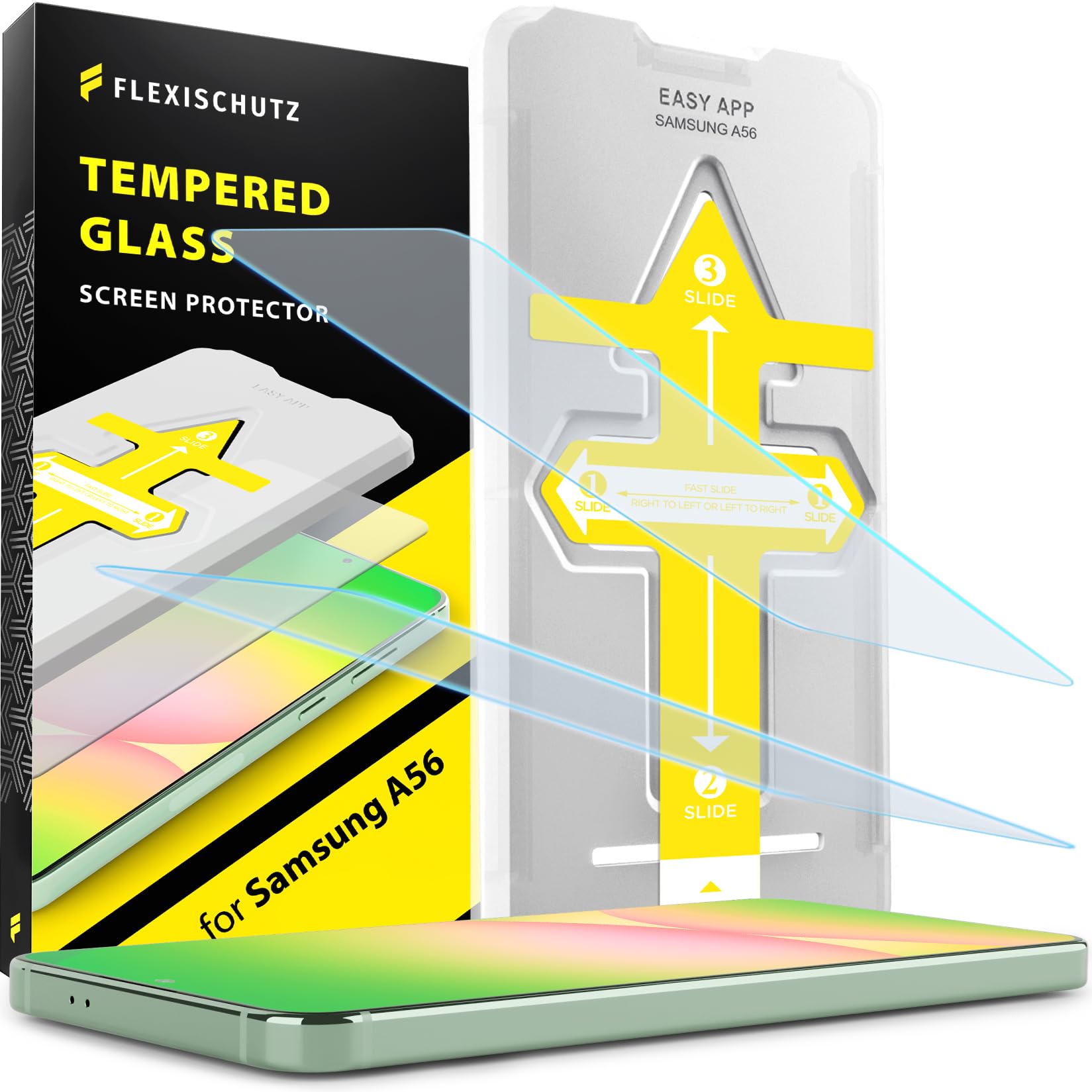 FlexiSchutz® Schutzglas für Samsung Galaxy A56 5G Schutzfolie, Screen Protector, Glas Displayschutzfolie mit Praktischer Installationshilfe, Displayschutz, Glas Folie mit Schablone [2 Stück]