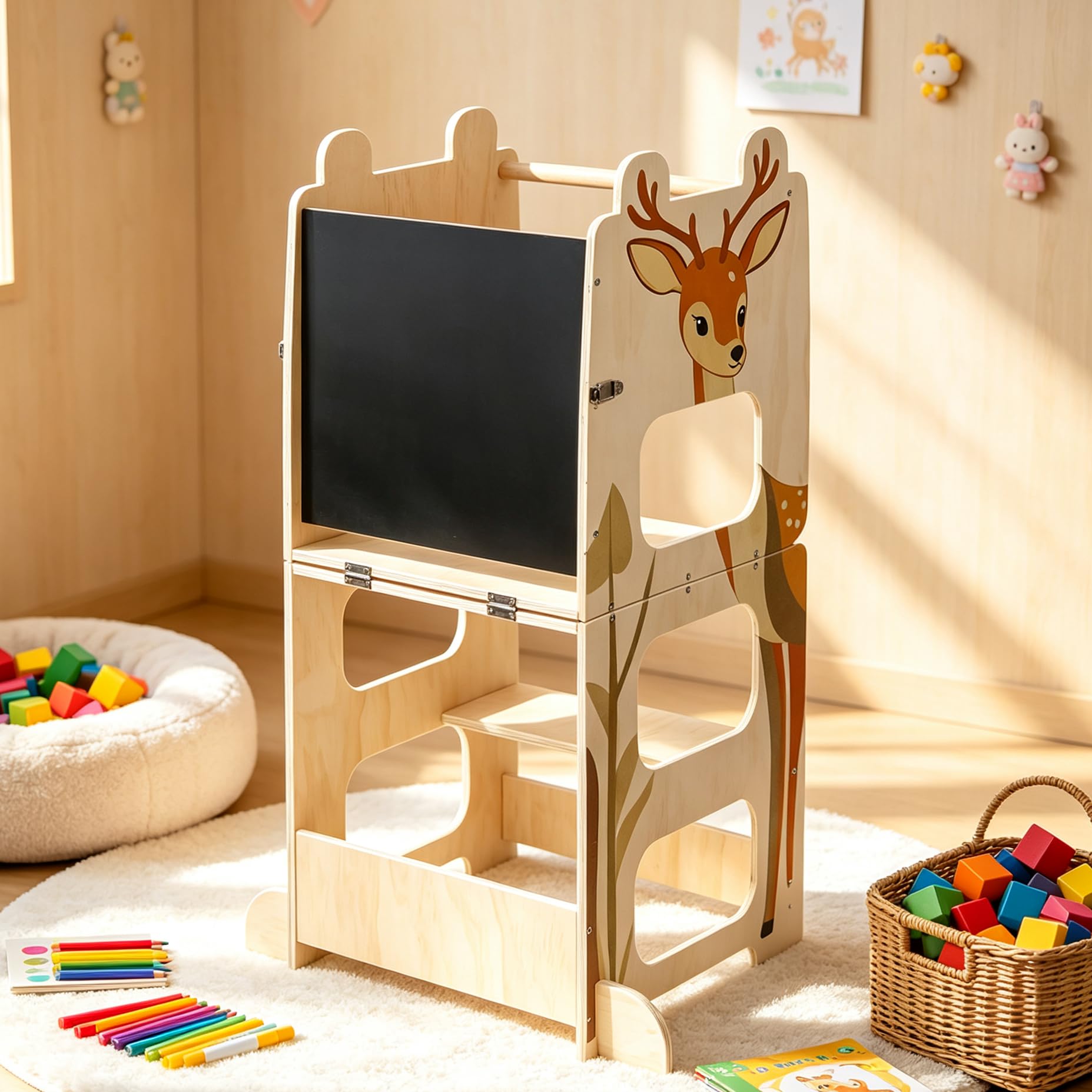 Tour d'apprentissage Enfant en Bois avec Tableau Noir, Montessori Cerf