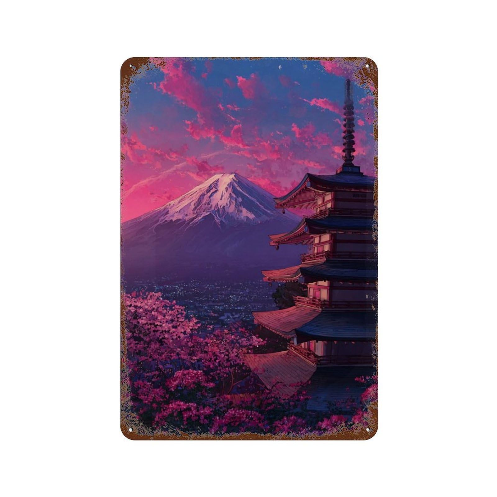 Cherry Blossom Pagoda Sunset Rust Effect Tin Sign 11.8"x7.9", Vintage Wall Decor for Pub, Kitchen And Man Cave Decor