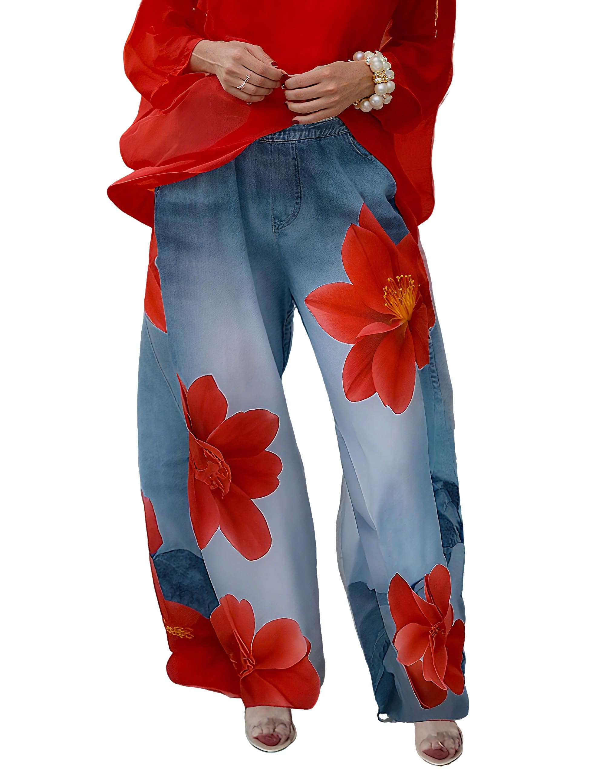 Womens Floral Wide Leg Pants Elastic High Waist Baggy Flowers Pant Trousers Faux Denim with Pockets Casual