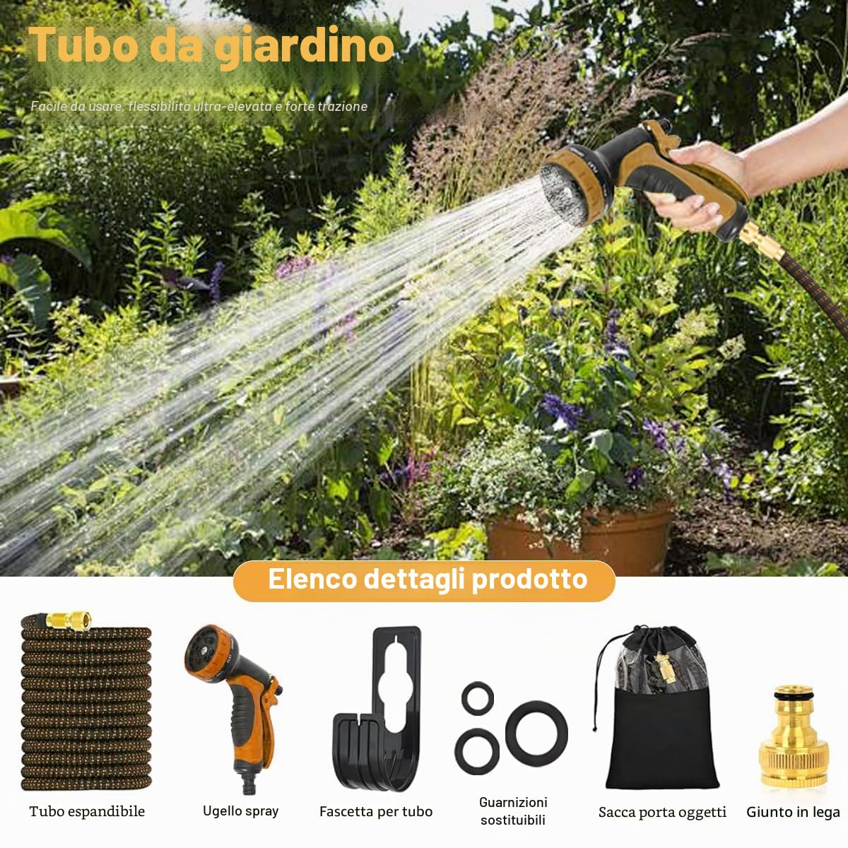 Tubo da giardino flessibile 30 m/100 FT arancione, tubo con 10 funzioni | con ugello spray e connettori in ottone da 3/4" e 1/2",, 3 estensibili, senza pieghe, per giardino, pavimento, terrazza