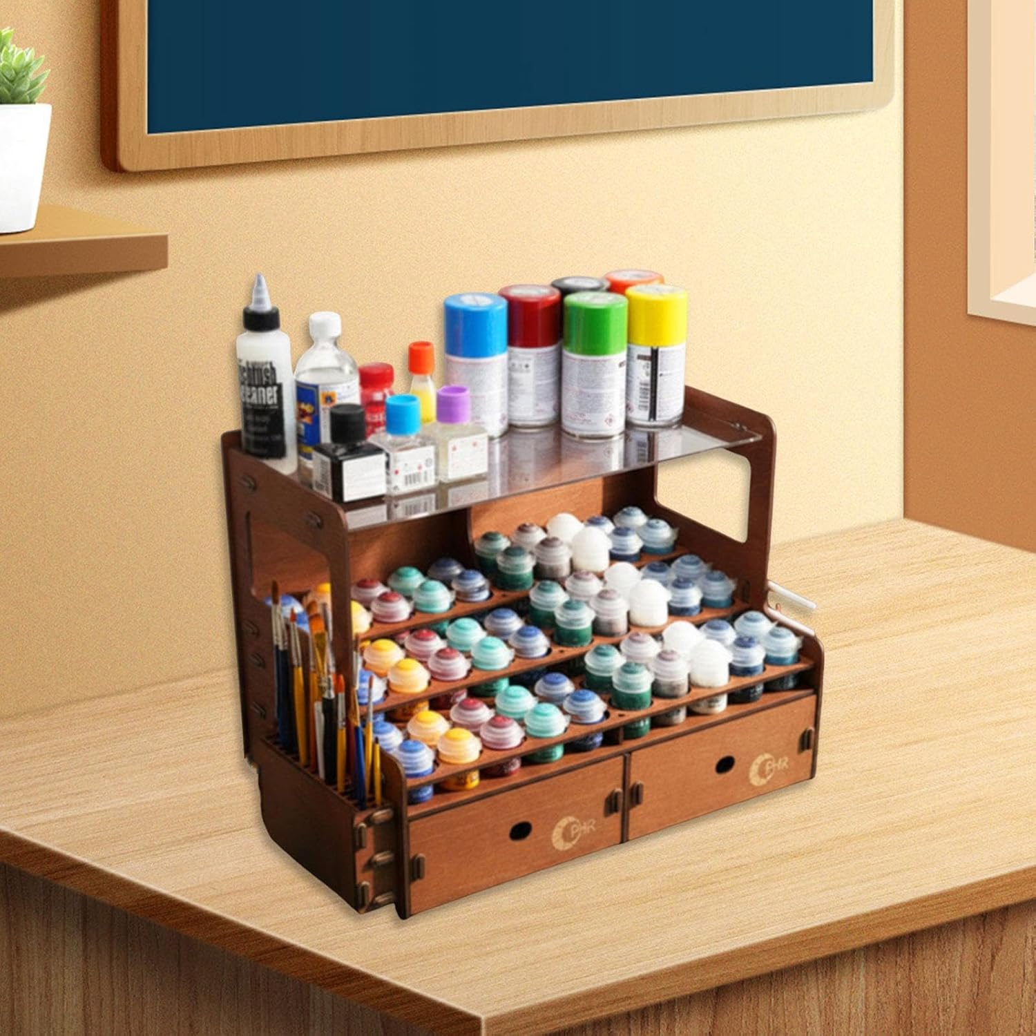 ブラシホルダー、引き出し、ハンドル、マーカーホルダーが一体となった木製ペイント収納オーガナイザー。アーティスト用品、趣味人、模型塗装