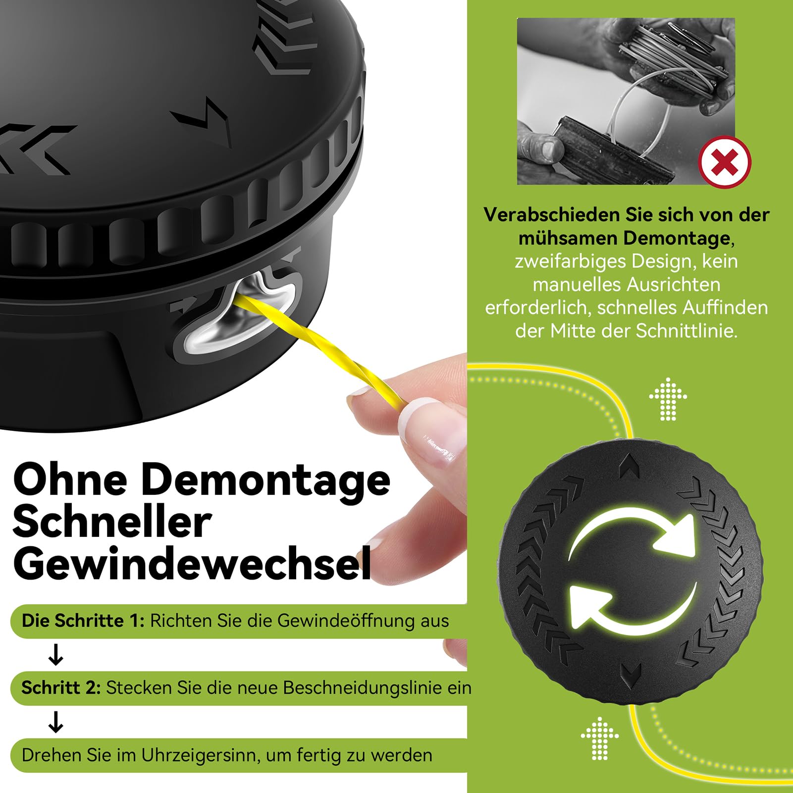 Fadenkopf für Motorsense mit Trimmerfaden,Einfaches Tap & Go System,Universal passende Fadenspule mit 6 Gewindeadapter,für die meisten Akku-Rasentrimmer und Akku-Freischneide (Orange)
