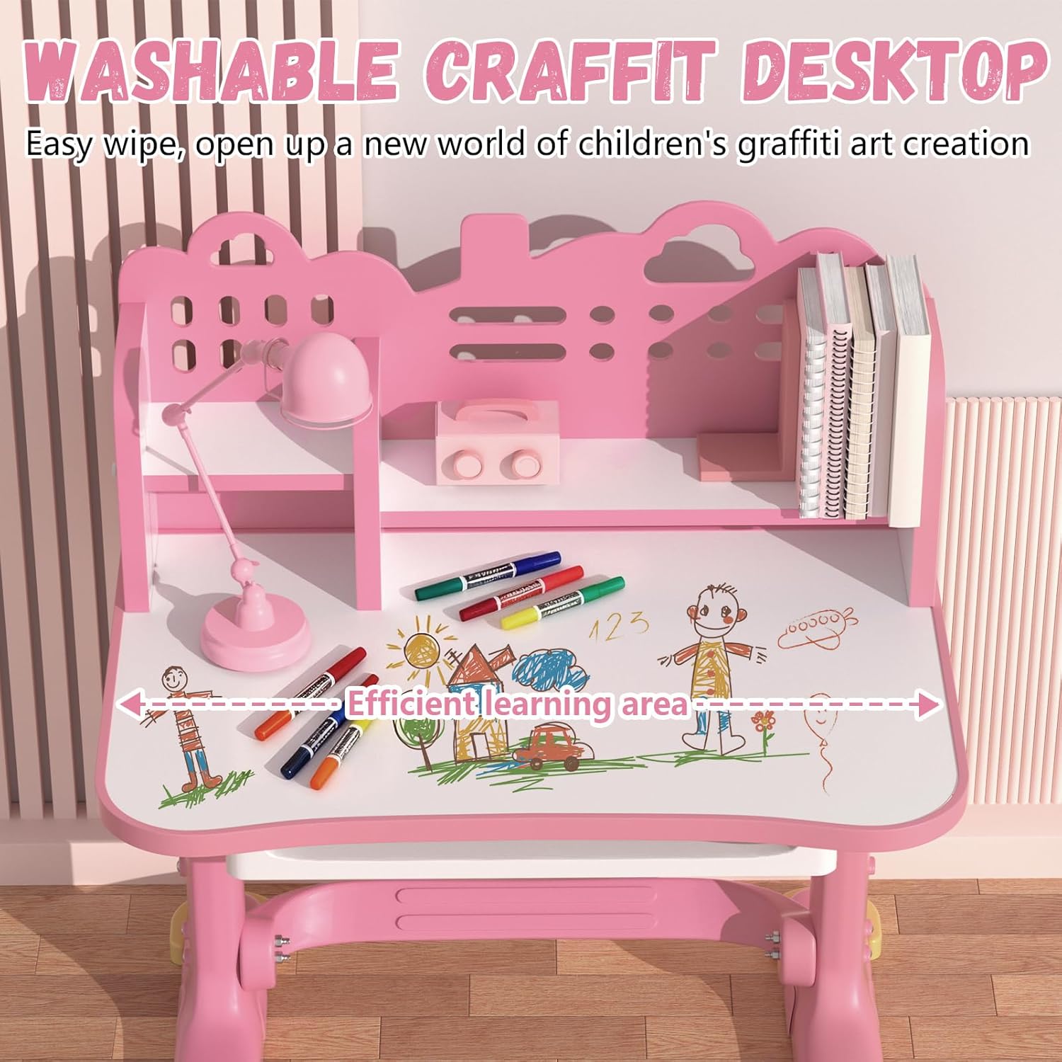 Kids Study Desk and Chair Set - Height Adjustable Study Writing Table with Bookstand and Storage Drawer, Child's School Study Writing Tables Ergonomic Widened Desktop Art Desk for Boy & Girl (Pink)