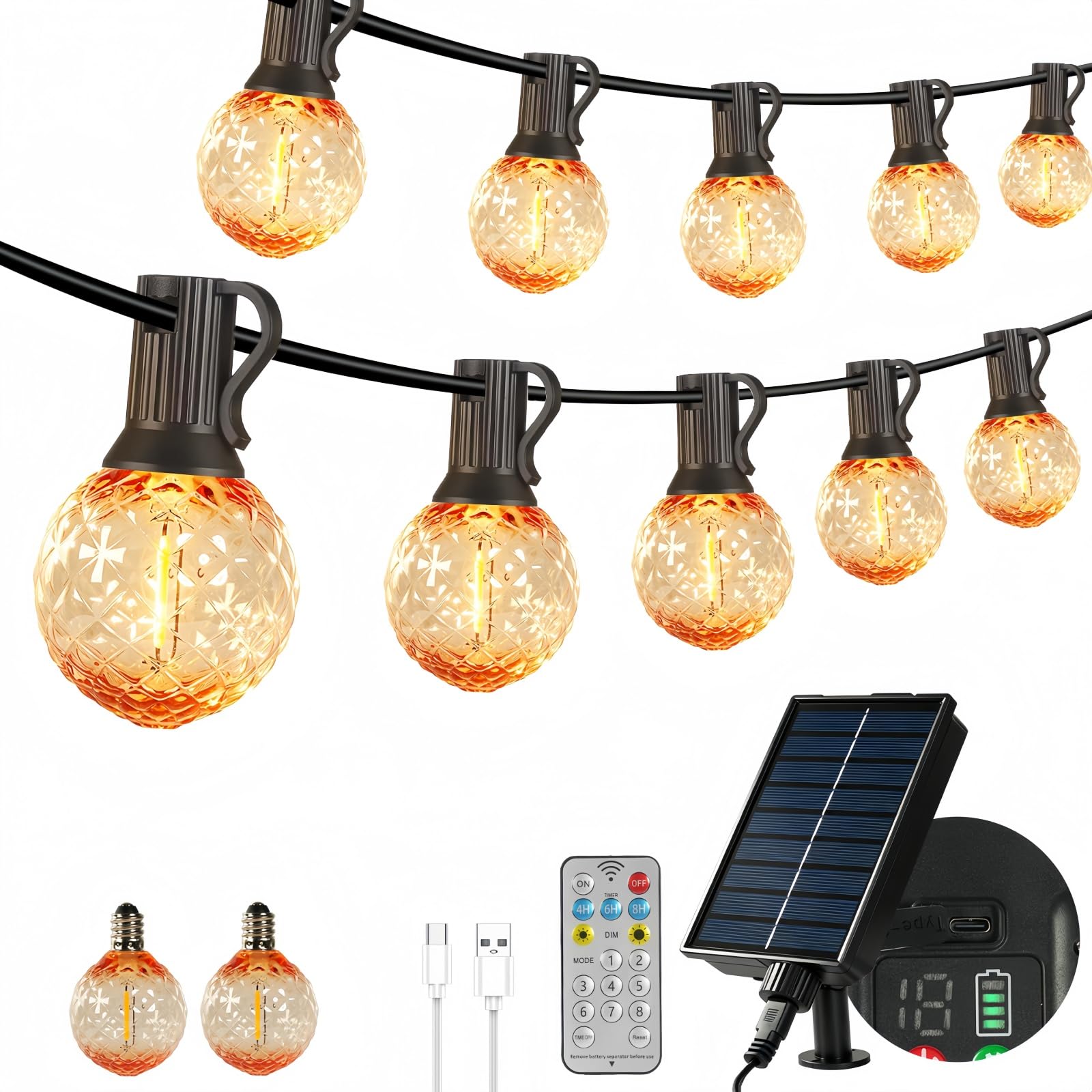 Solar String Lights Outdoor with Remote,Solar & Type-C Dual Charging, 15M Garden String Lights | 25+2 LED New G40 Bulb, Waterproof Dimmable Shatterproof Hanging Lighting for Garden Yard Camping Decor