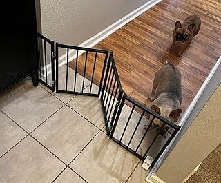 BFNN Free Standing Dog Gate, 16.5" Short Pet Gate for Stairs and Doorways, Up to 48" Wide Foldable Puppy Fence, Indoor & Outdoor Use, No Drilling and No Assembly, for Small & Toy Dogs, Black