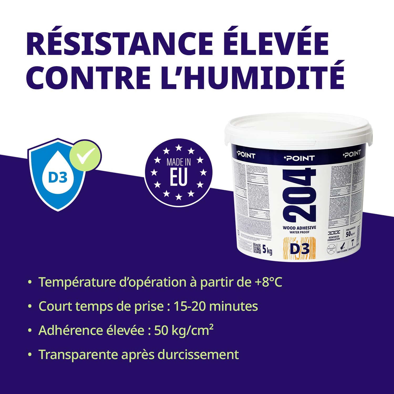 POINT Colle à Bois – Colle Extra Forte D3-PVA 5 kg – Résistante à l’Humidité pour les Meubles, le Bois Dur, le Contreplaqué – Transparente à prise complète en 24 heures