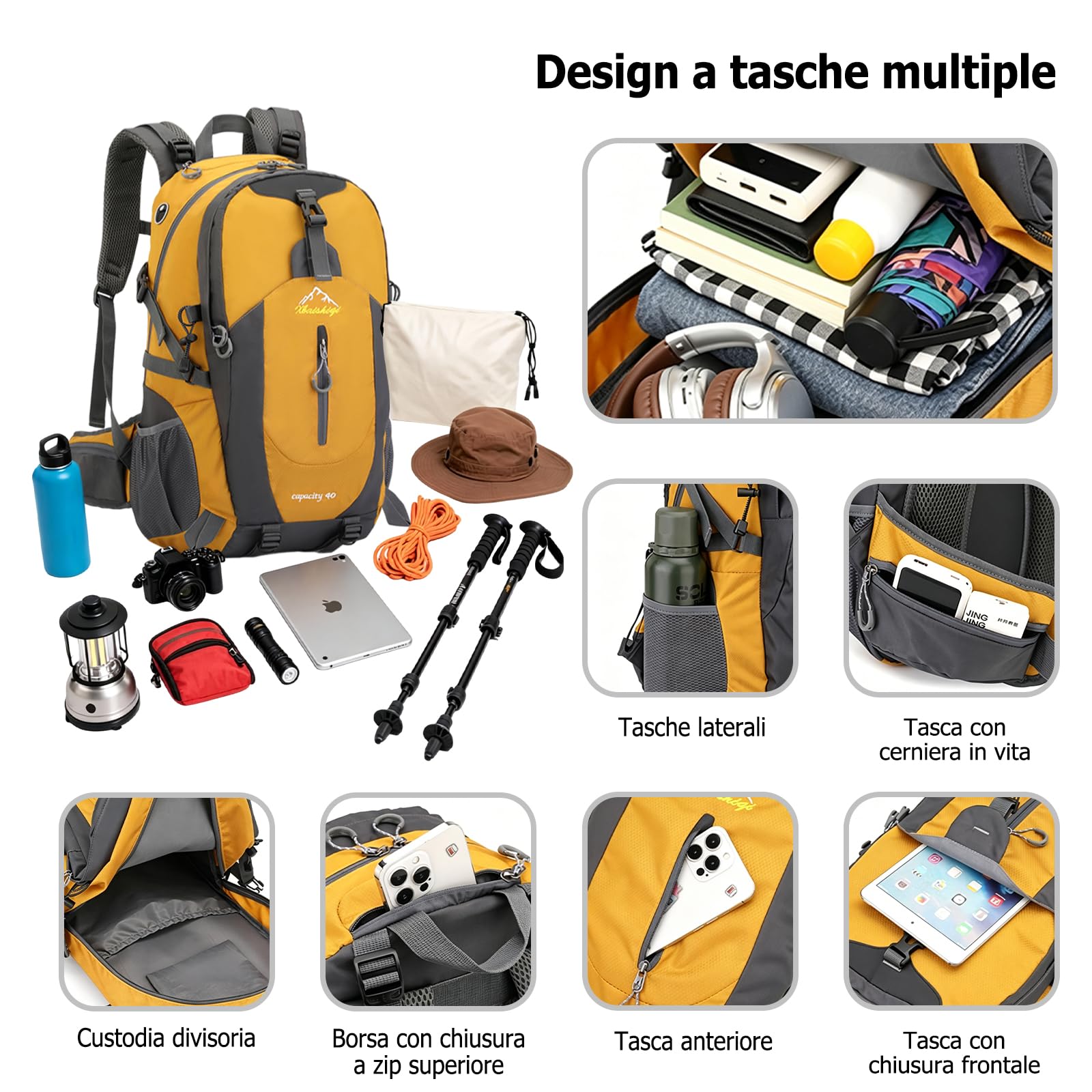 Zaino da Escursionismo 40L Zaino Giornaliero Traspirante con Sistema Ergonomico Anti Pressione Zaini Outdoor Impermeabile per Campeggio Viaggi Blu Scuro