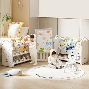 OSJ Toy Storage Rack, 3 Tiers, No Shelves, Toy Box, Picture Bookcase, Slim, Wide Type, Large Capacity, Easy Assembly, Includes Chair, Stylish, Kids, School Entrance, New Life, Baby Shower Gift, Gray x