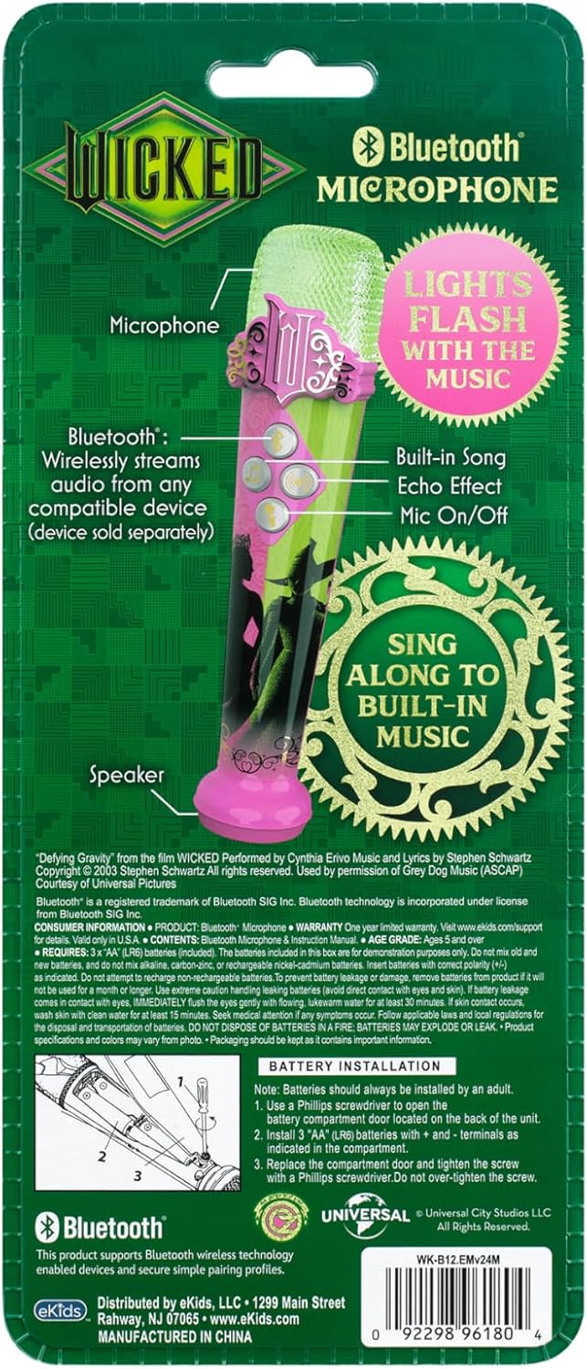 eKids Wicked Karaoke Microphone for Kids, Bluetooth Microphone Includes Built-in Music and Light Show, Designed for Fans of Wicked Toys