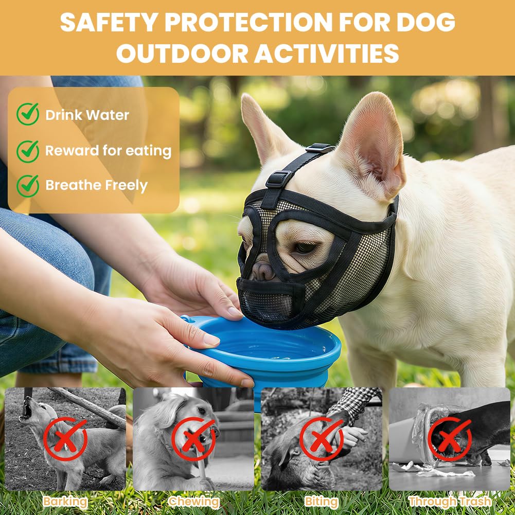 AUAUY Museruola per Cane, Museruola Resistente per Cani, Mascherina in Rete Traspirante, Prevenire i Morsi alla Corteccia, Museruolas per Shih Tzu e Bulldog inglesi, Acqua e Cibo Consentiti (Nero, S)