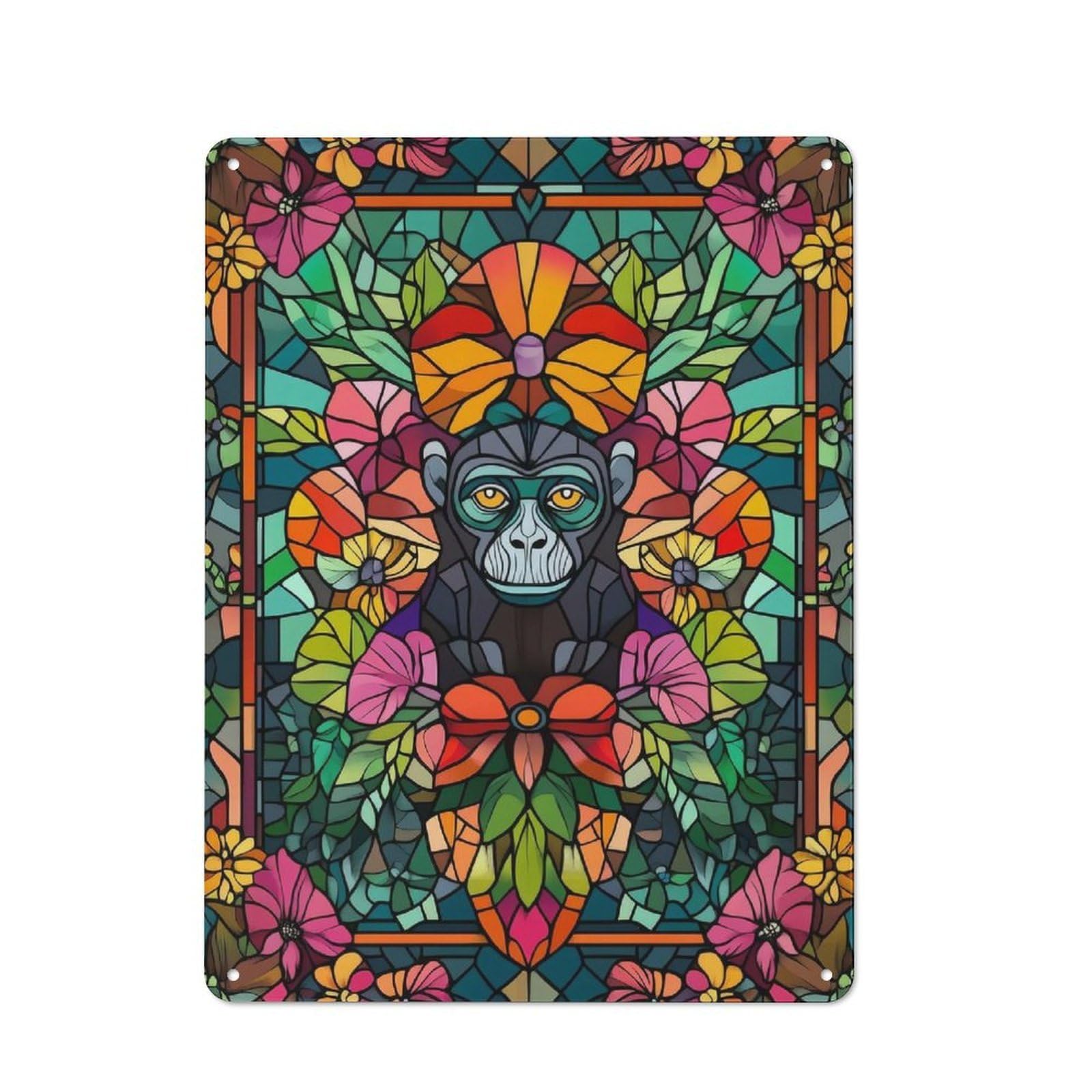 Junmoney Stained Glass Monkey Printed Metal Sign 40X30cm For Café Or Restaurant, For Hospitality Interior Collectors