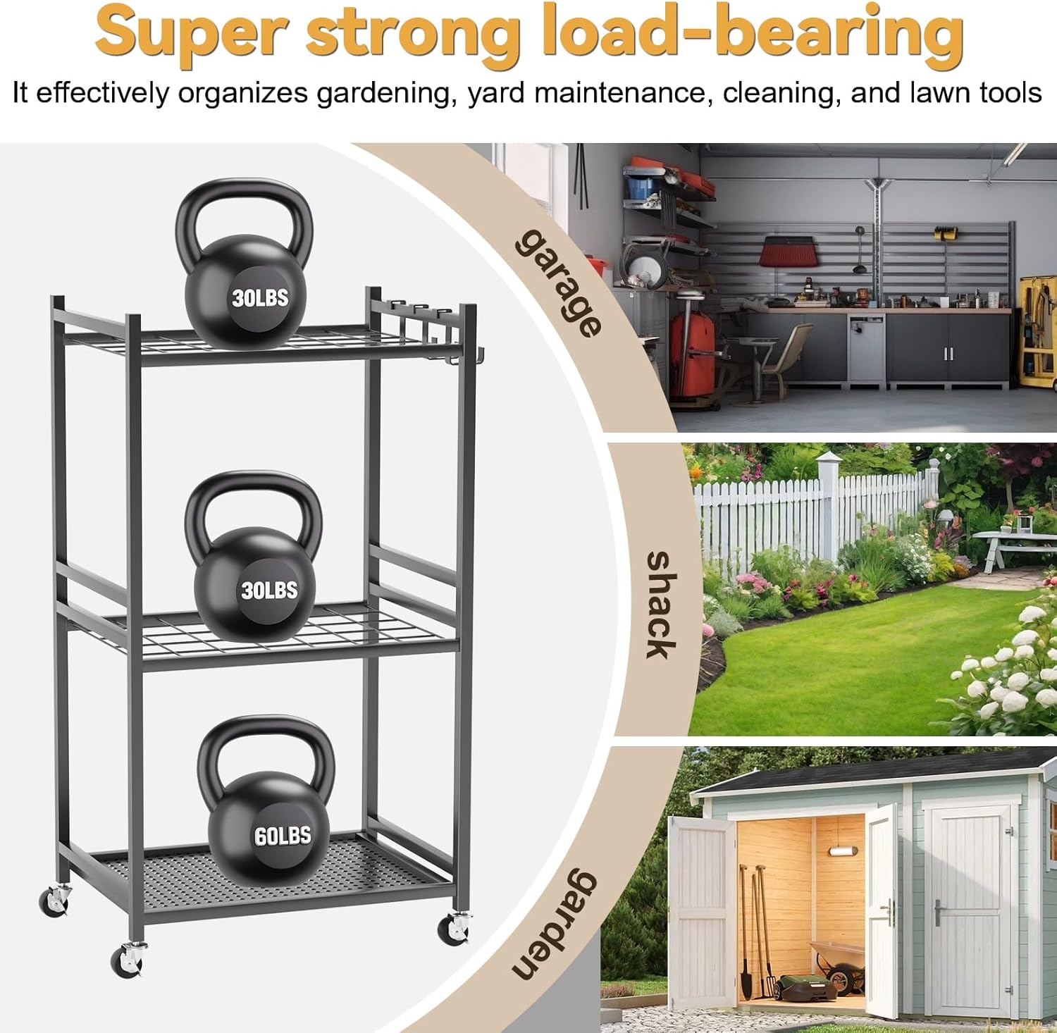 Garden Garage Tool Organizer 35-Slot with Wheels, Adjustable Feet Yard Tool Rack for Shovels, Rakes, Brooms and Cleaning Equipment Black