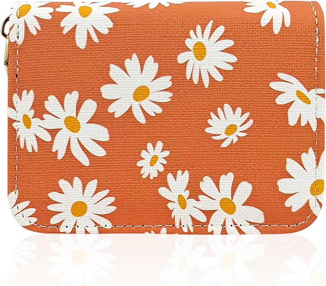 Credit Card Holder for Women, RFID-Blocking Card Holder Wallet with Zipper 11Slots Daisy Womens Card Organizer (Orange)